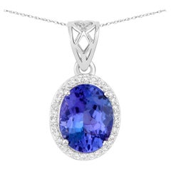 Tanzanite Pendant Necklace With Diamond Halo 2.8 Carats Total 14K Gold