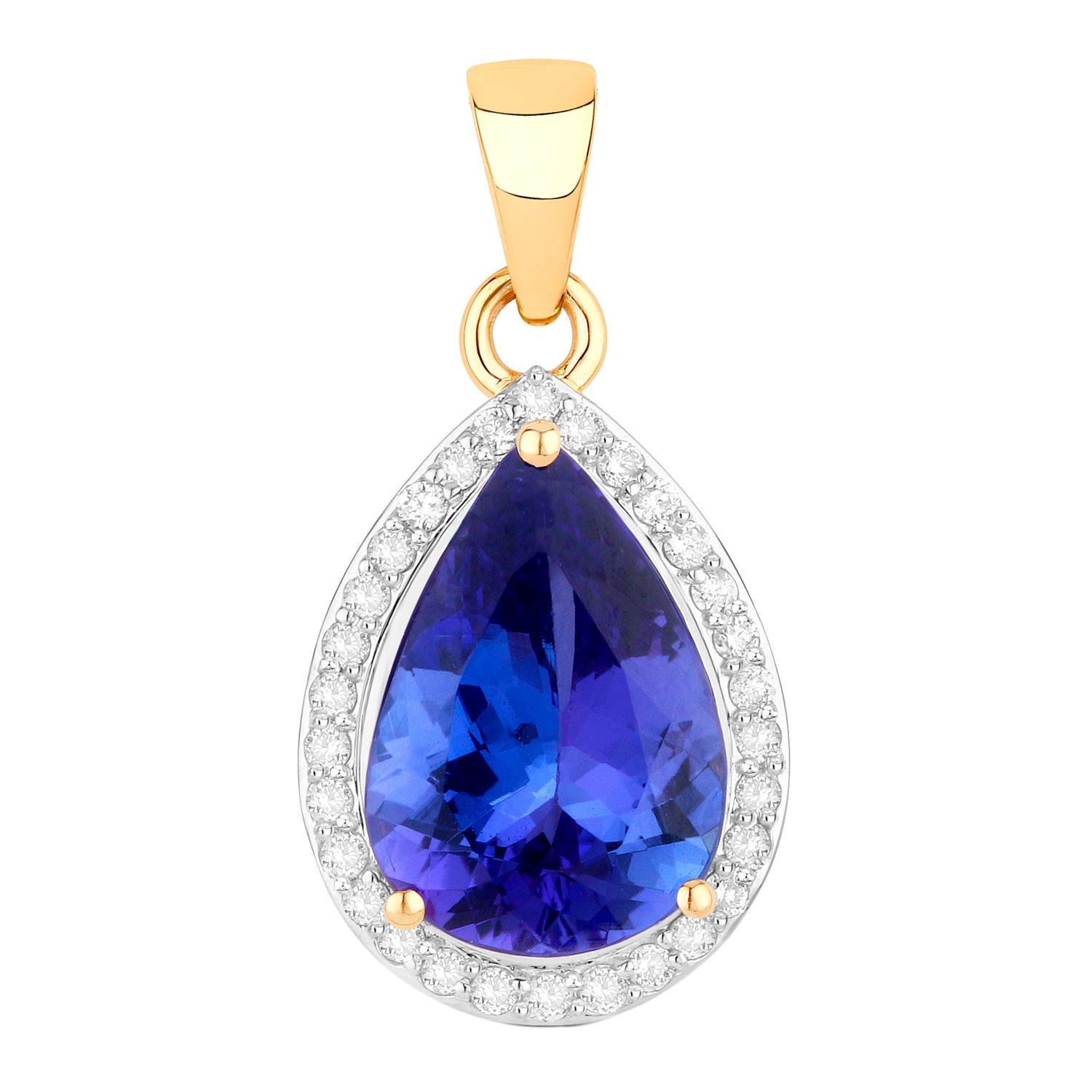 Pear Cut Tanzanite Pendant Necklace With Diamond Halo 3.2 Carats Total 14K Gold For Sale