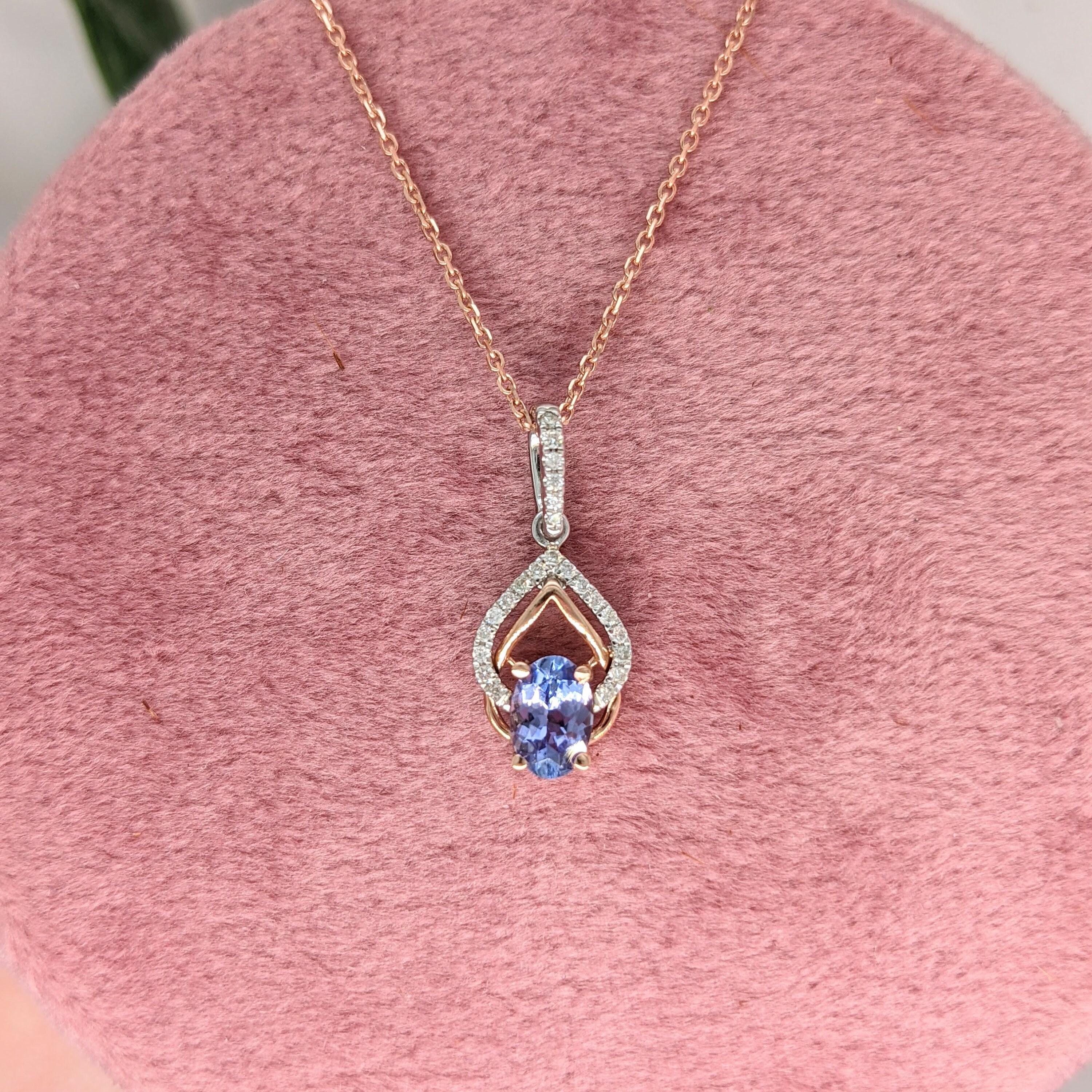 Modern Tanzanite Pendant w Earth Mined Diamonds in Solid 14K Dual Tone Gold Oval 6x4mm For Sale