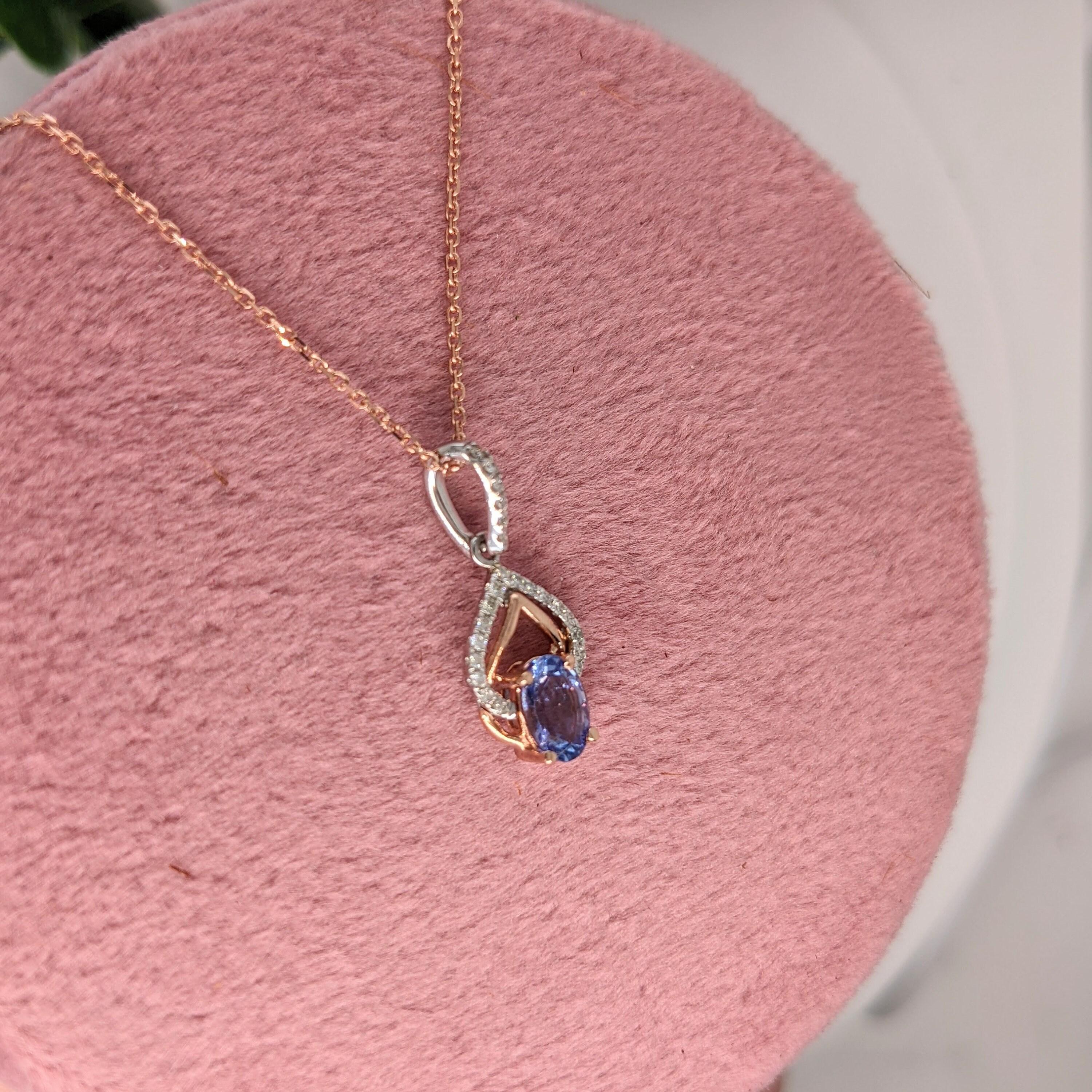 Oval Cut Tanzanite Pendant w Earth Mined Diamonds in Solid 14K Dual Tone Gold Oval 6x4mm For Sale