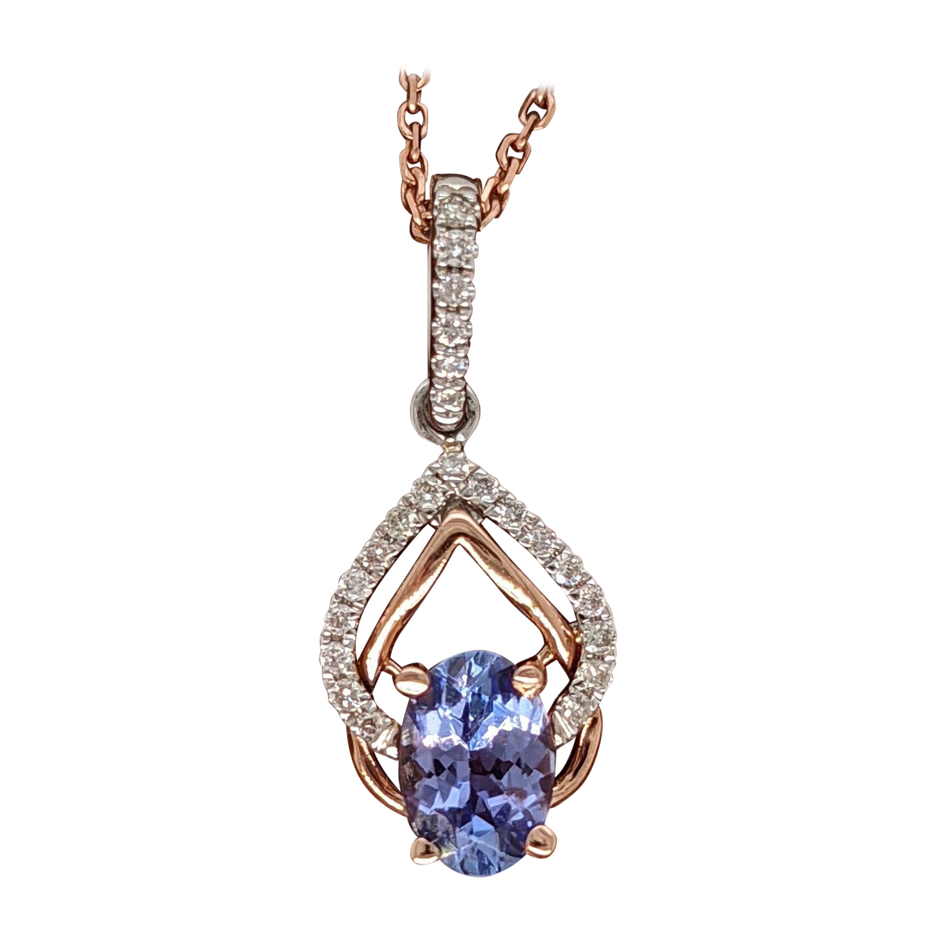 Tanzanite Pendant w Earth Mined Diamonds in Solid 14K Dual Tone Gold Oval 6x4mm