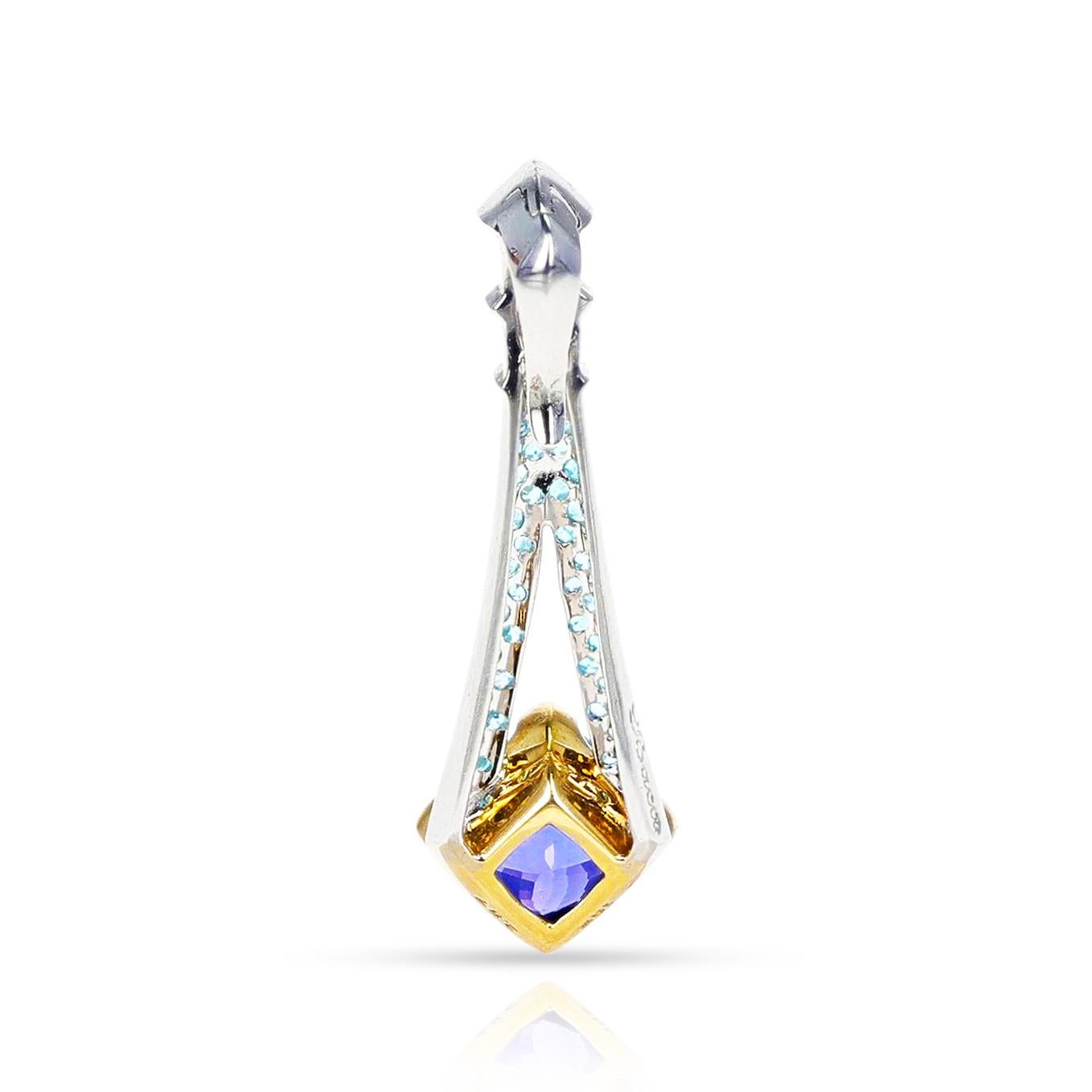 Tanzanite Pendant with Brazilian Paraiba Tourmaline and Diamonds, 18k In Excellent Condition In New York, NY