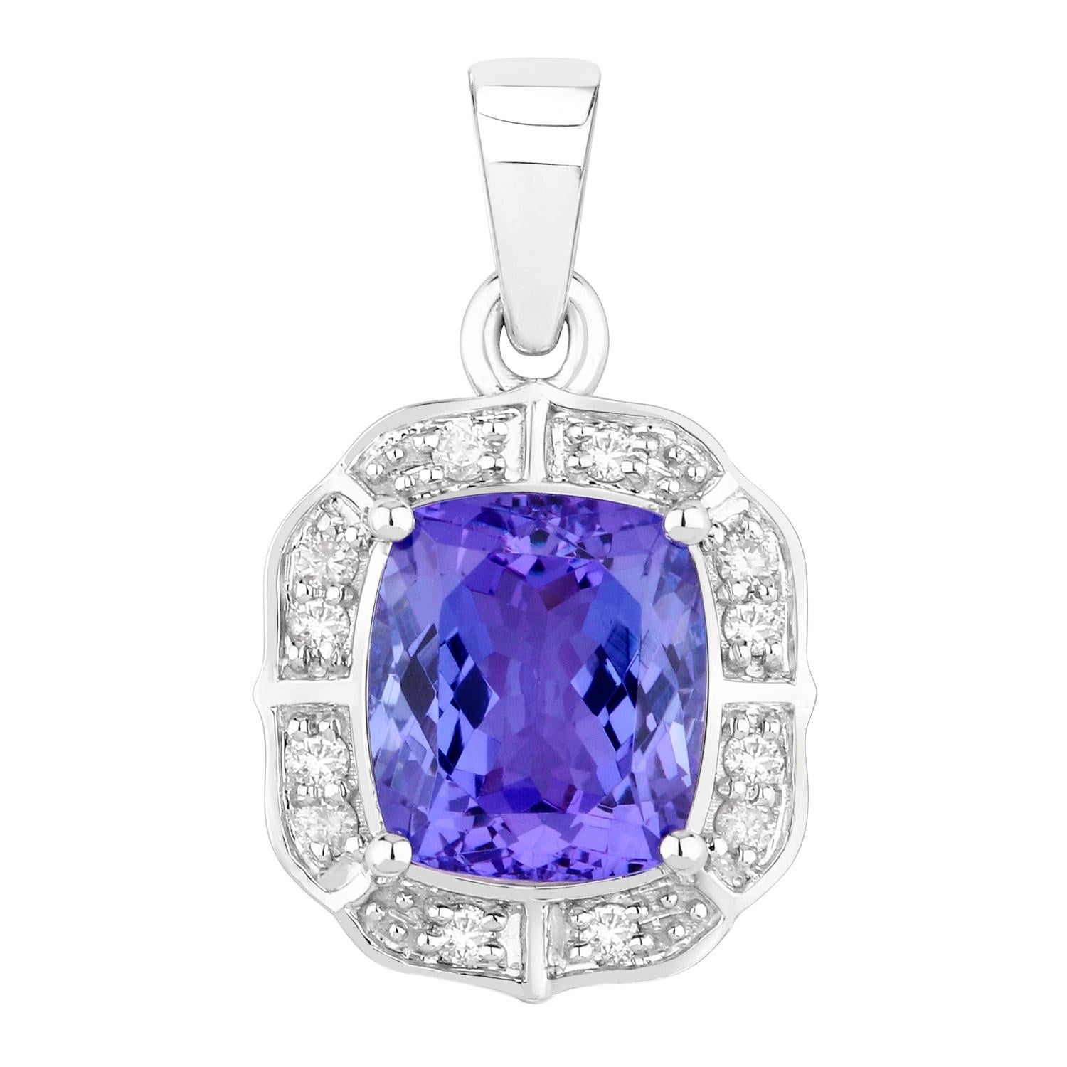 Cushion Cut Tanzanite Pendant with Diamonds 2.51 Carats 14K White Gold For Sale