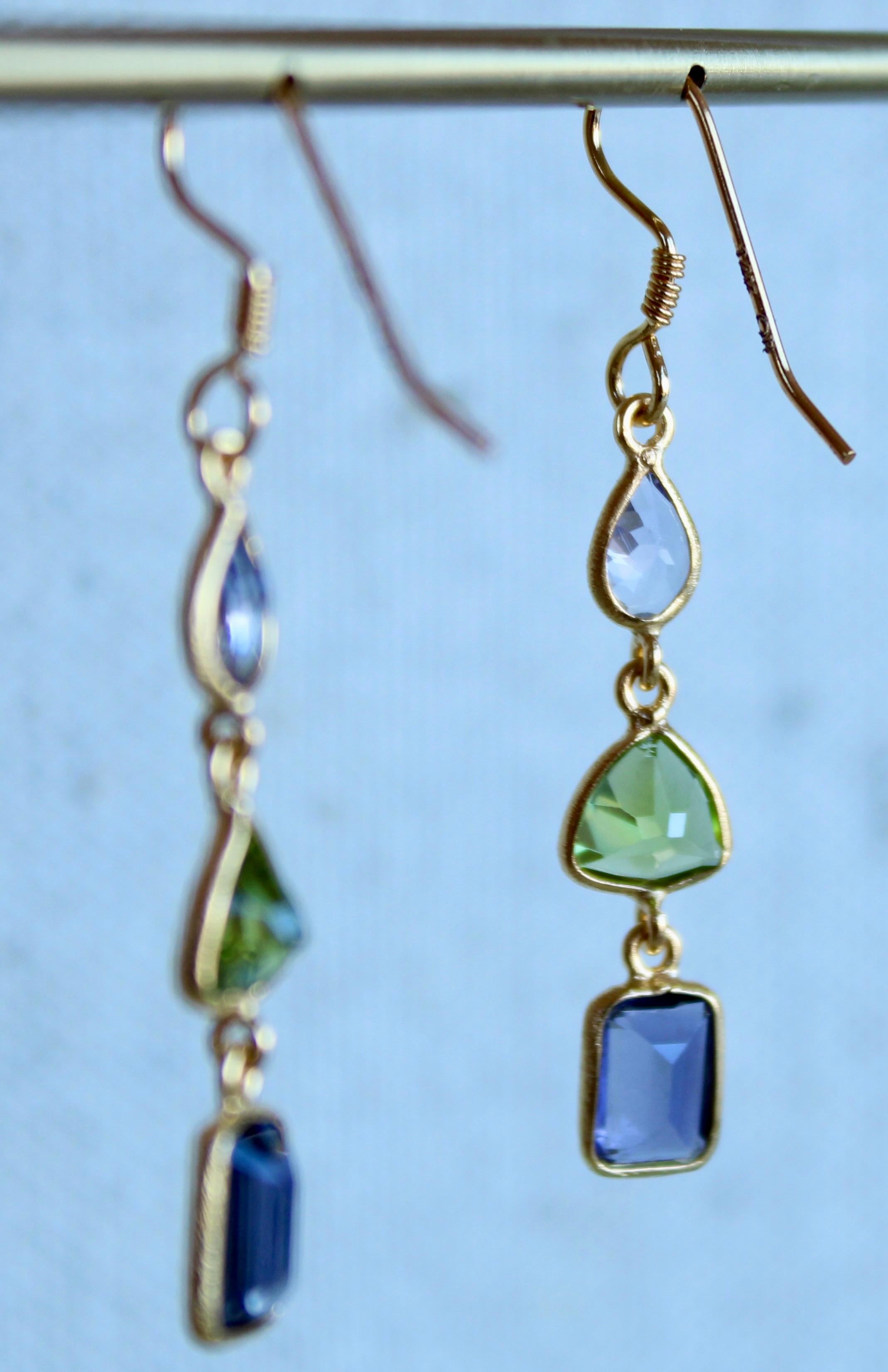 Tanzanite, Peridot & Iolite 14K Gold French Wire Three Stone Dangle Earrings In New Condition For Sale In Amagansett, NY
