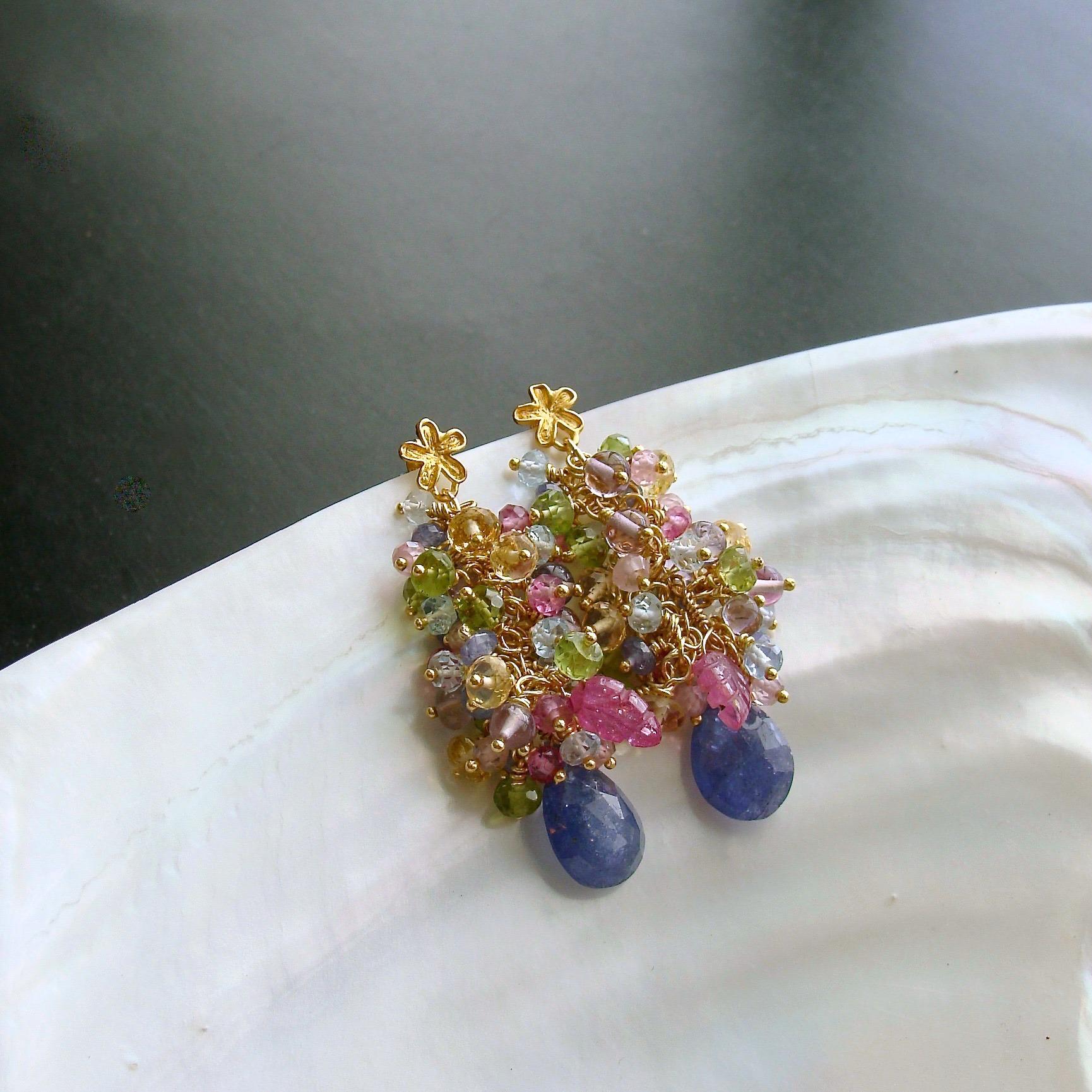 Tanzanite Pink Blue Topaz Zircon Amethyst Peridot Citrine Cluster Earrings In New Condition In Colleyville, TX