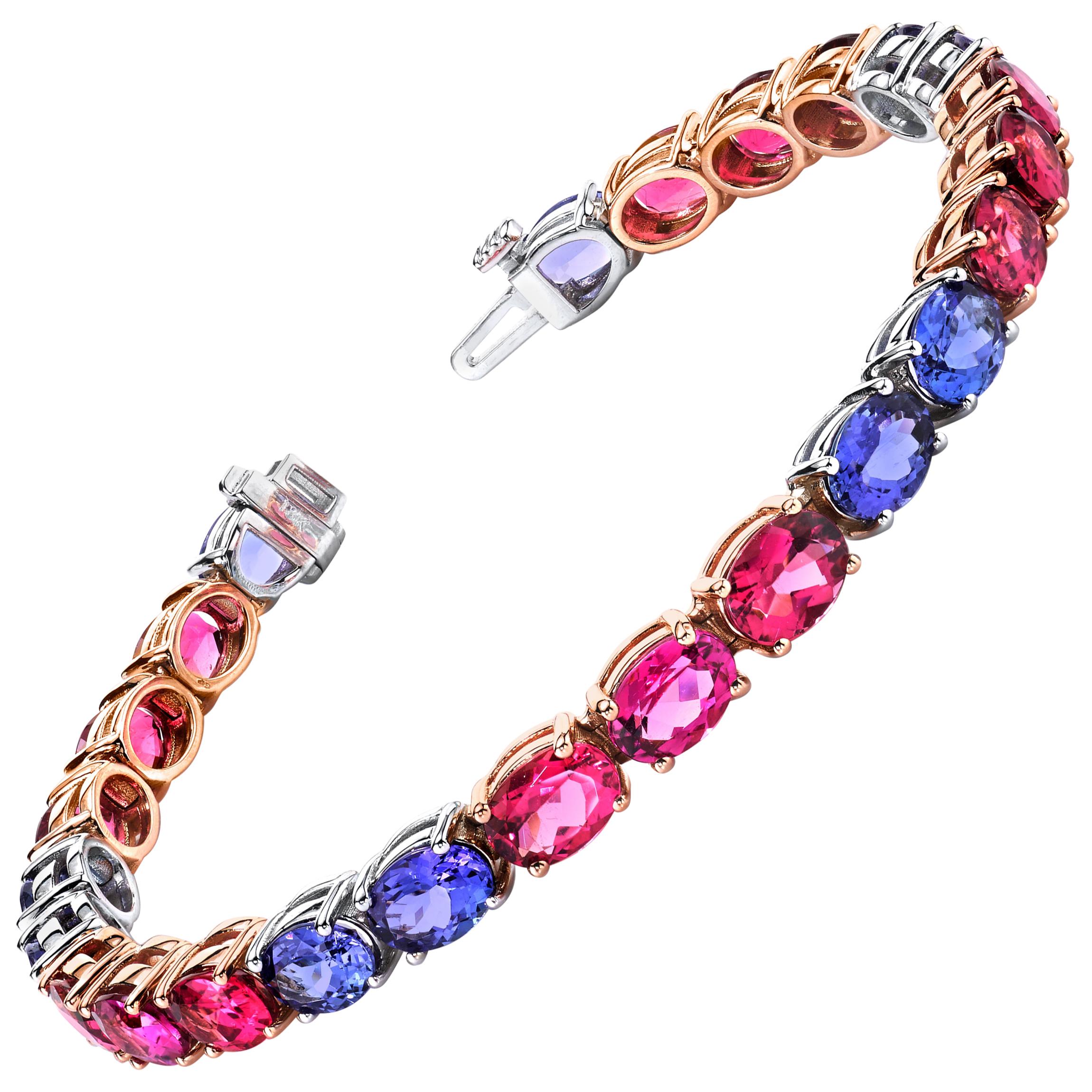 Tanzanite and Pink Tourmaline Tennis Bracelet in White and Rose Gold For Sale
