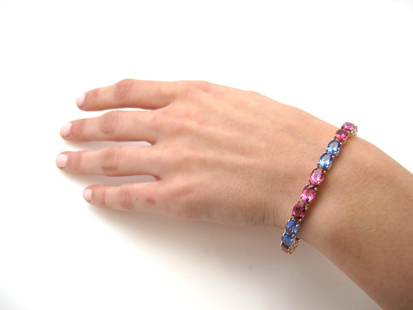 Tanzanite and Pink Tourmaline Tennis Bracelet in White and Rose Gold For Sale 1