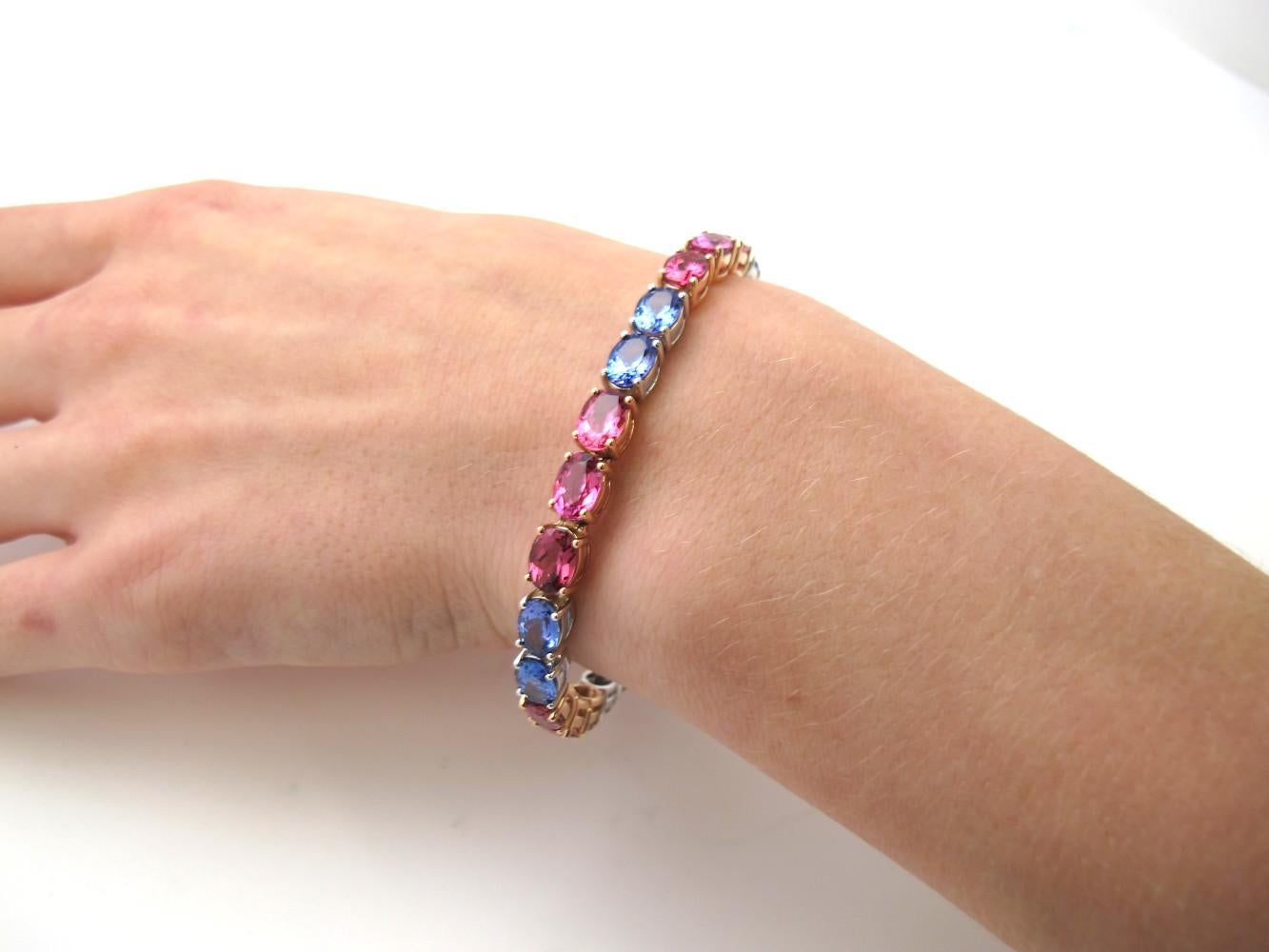 Tanzanite and Pink Tourmaline Tennis Bracelet in White and Rose Gold For Sale 2