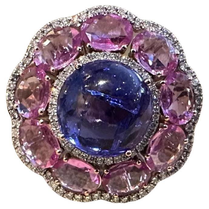 Anillo de Cóctel de Tanzanita, Zafiro Rosa y Diamante en Oro Rosa de 14k