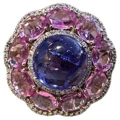 Anello cocktail con tanzanite, zaffiro rosa e diamanti in oro rosa 14k