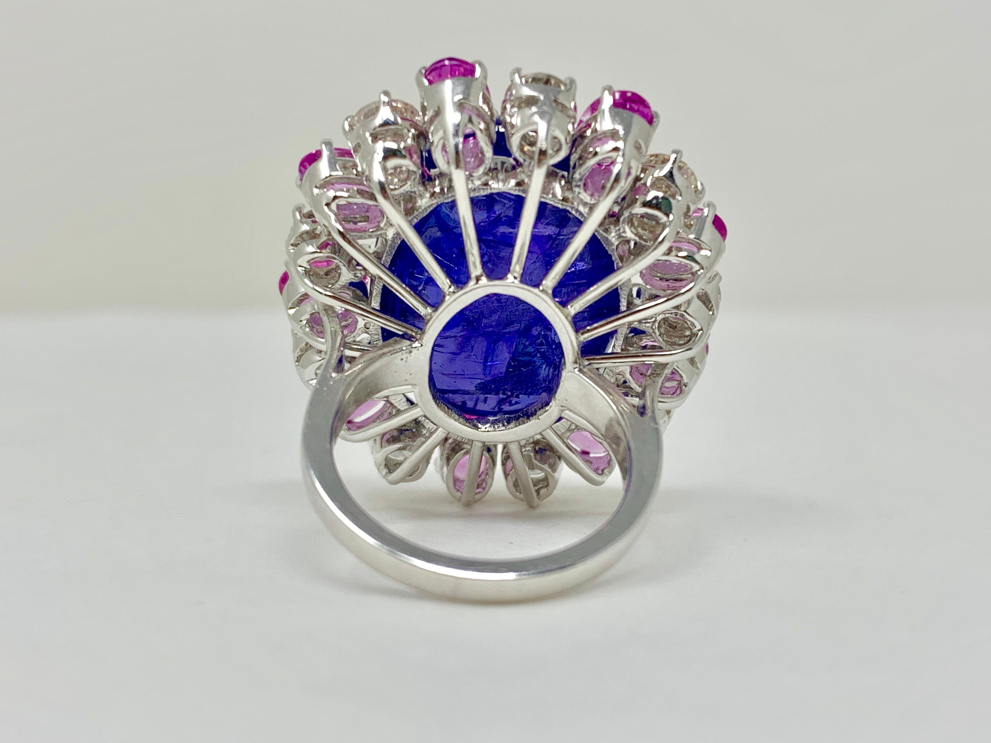 Tanzanite, Pink Sapphire and Diamond Ring in 14 Karat White Gold In New Condition In New York, NY