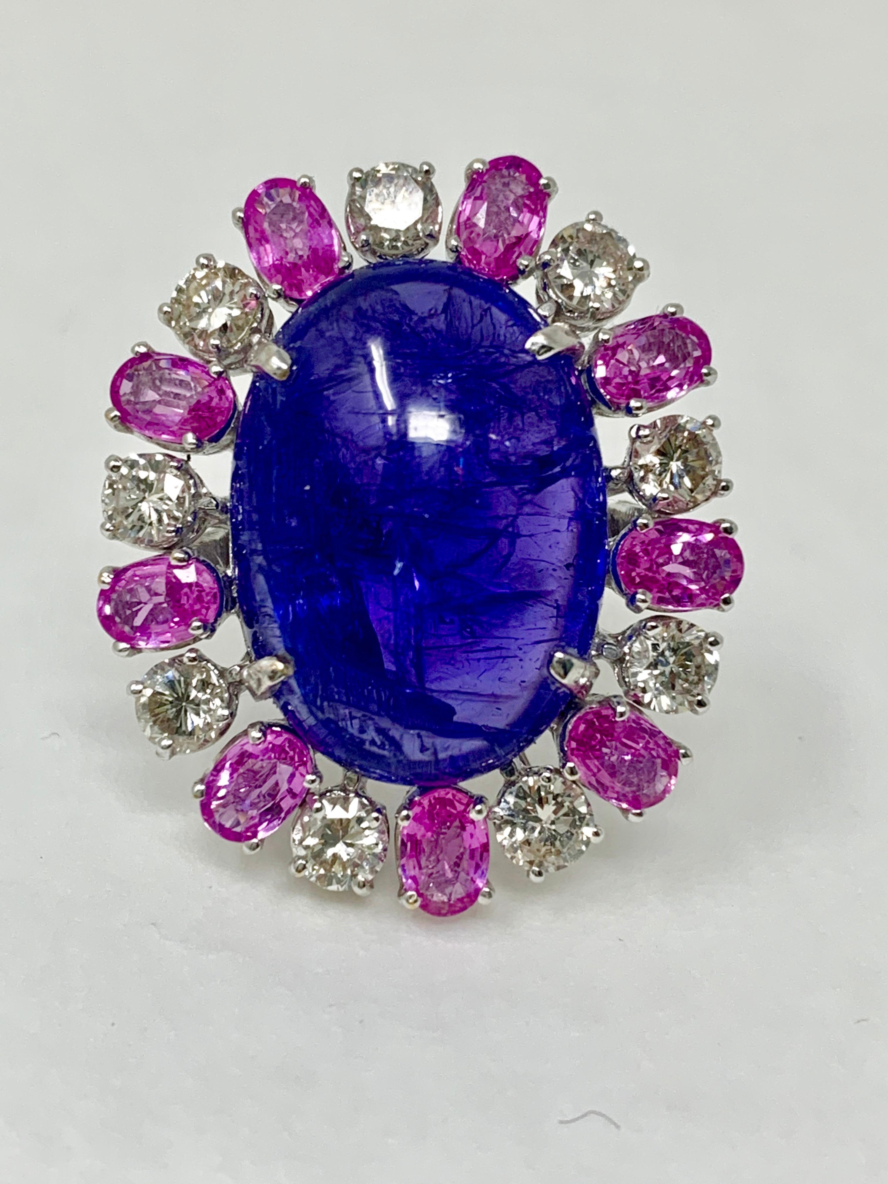 Women's Tanzanite, Pink Sapphire and Diamond Ring in 14 Karat White Gold