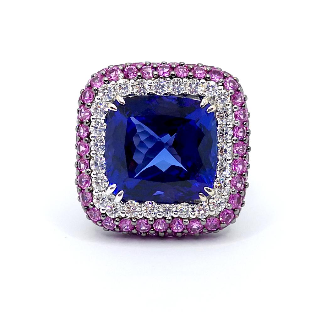Tanzanite, Pink Sapphire and Diamond Ring set in 18K White Gold Settings For Sale 4