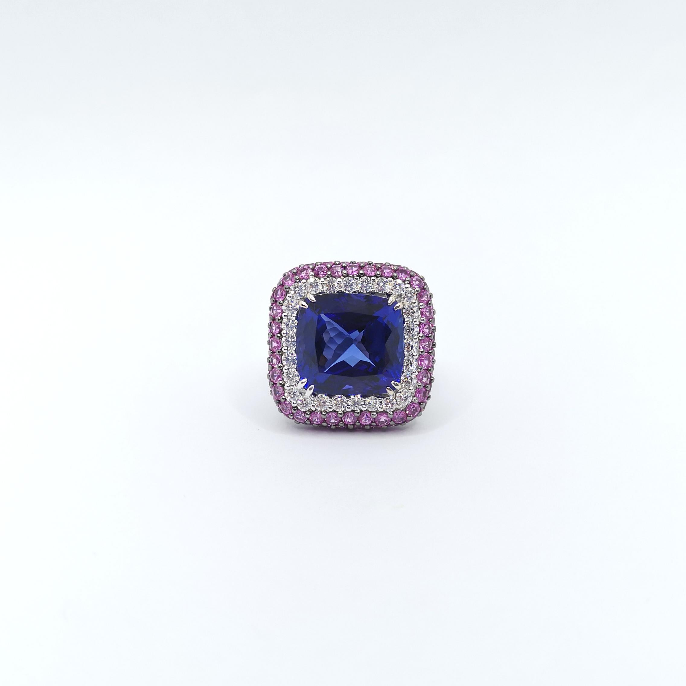 Tanzanite, Pink Sapphire and Diamond Ring set in 18K White Gold Settings For Sale 5