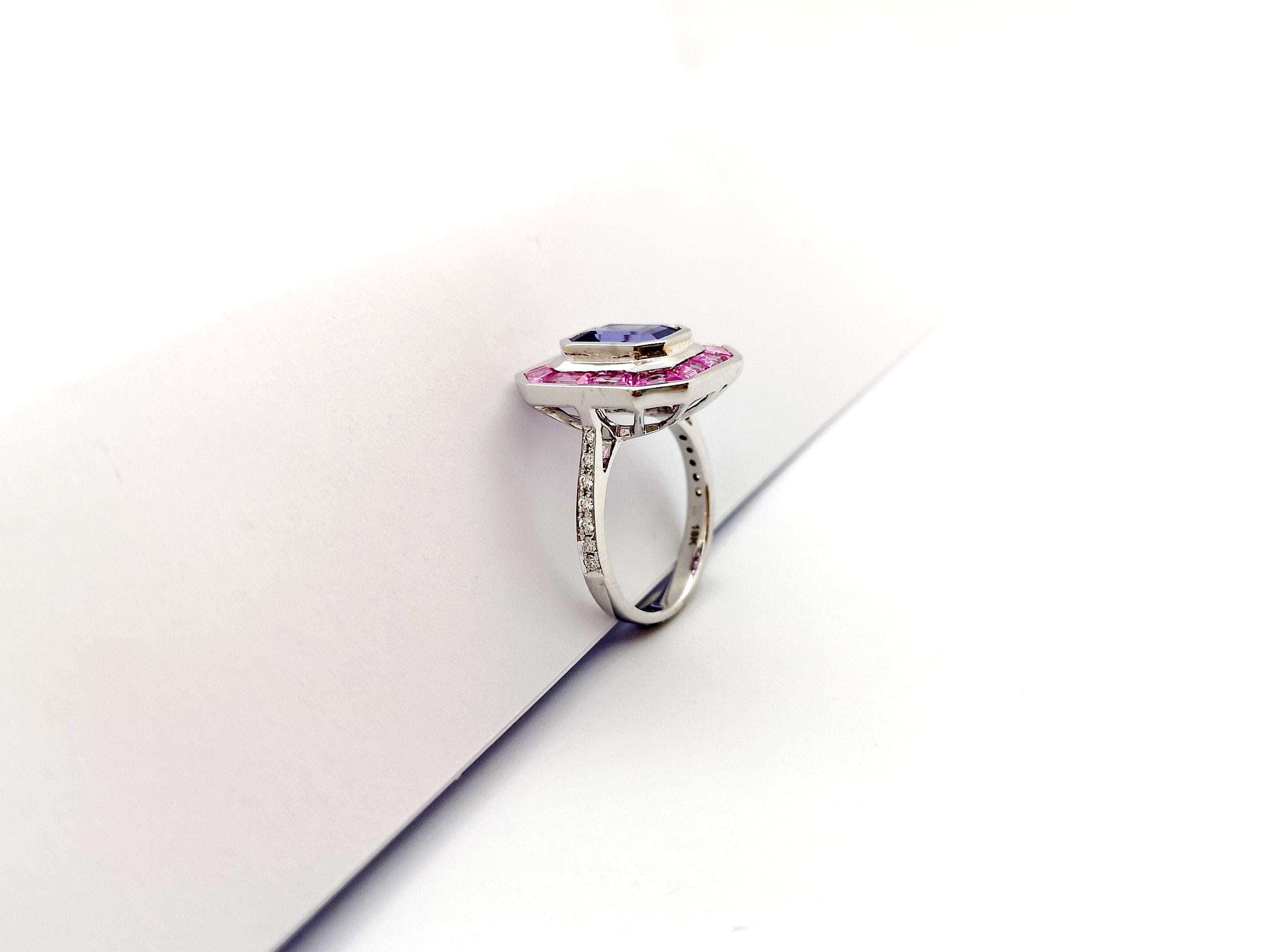 Tanzanite, Pink Sapphire and Diamond Ring set in 18K White Gold Settings For Sale 6