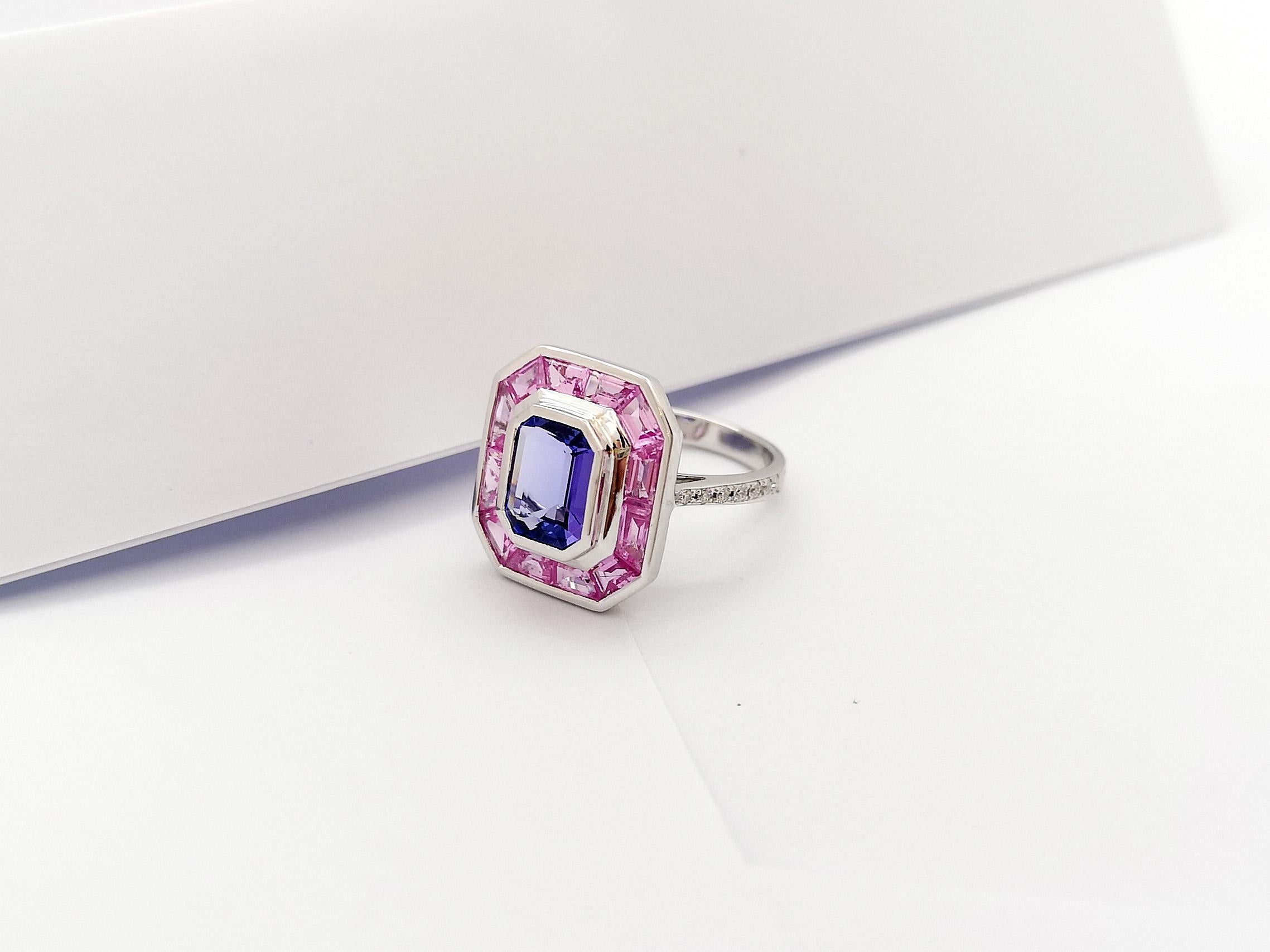 Tanzanite, Pink Sapphire and Diamond Ring set in 18K White Gold Settings For Sale 7