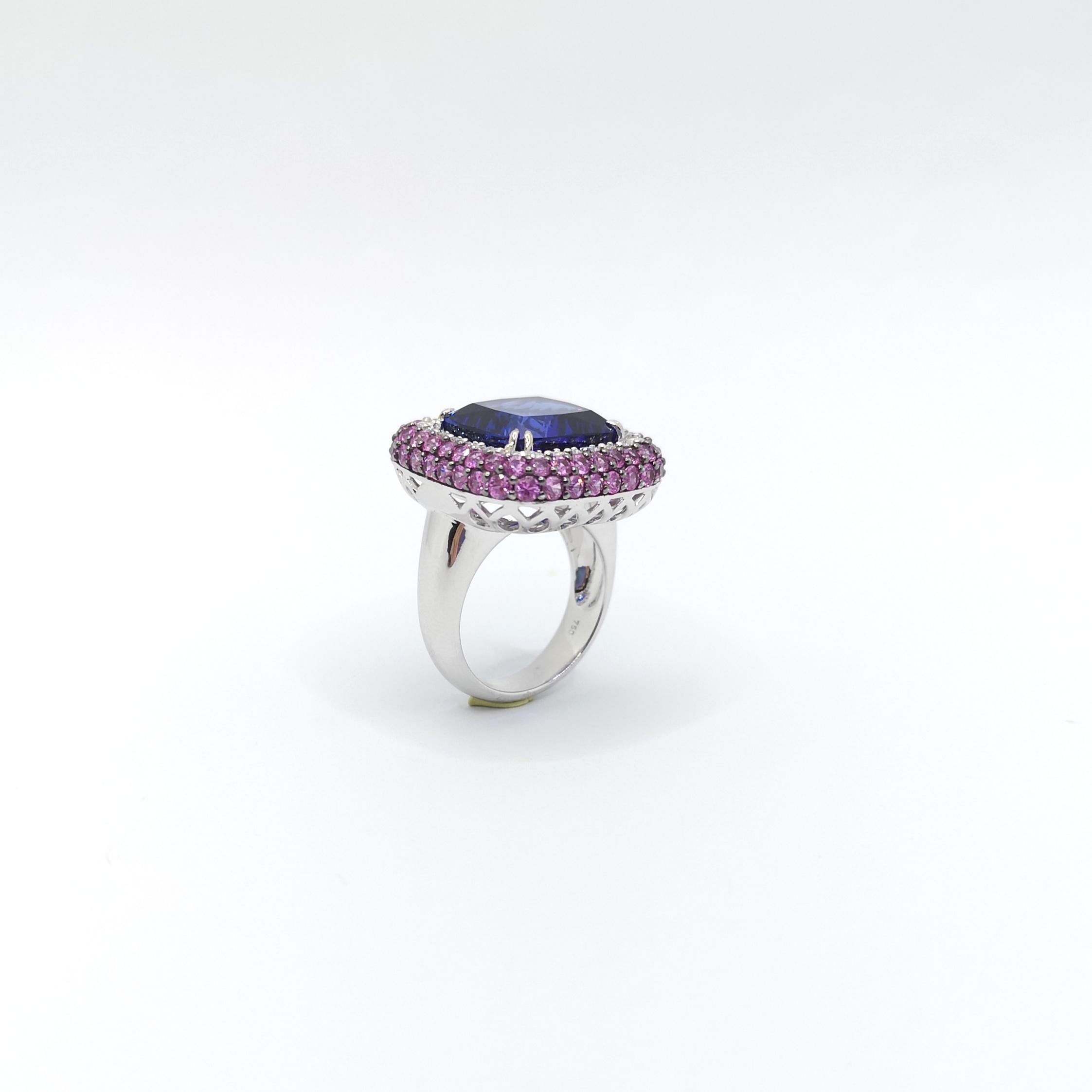 Tanzanite, Pink Sapphire and Diamond Ring set in 18K White Gold Settings For Sale 7