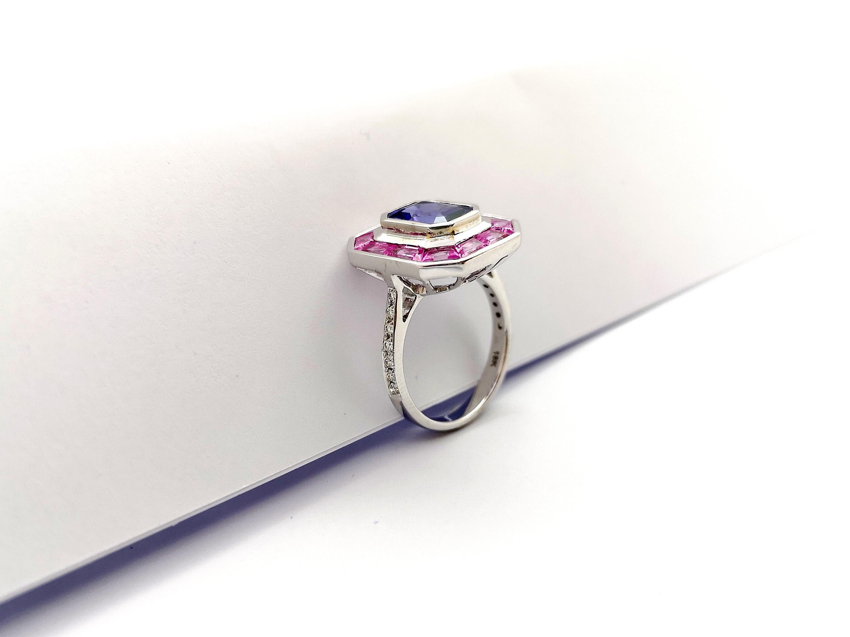 Tanzanite, Pink Sapphire and Diamond Ring set in 18K White Gold Settings For Sale 8