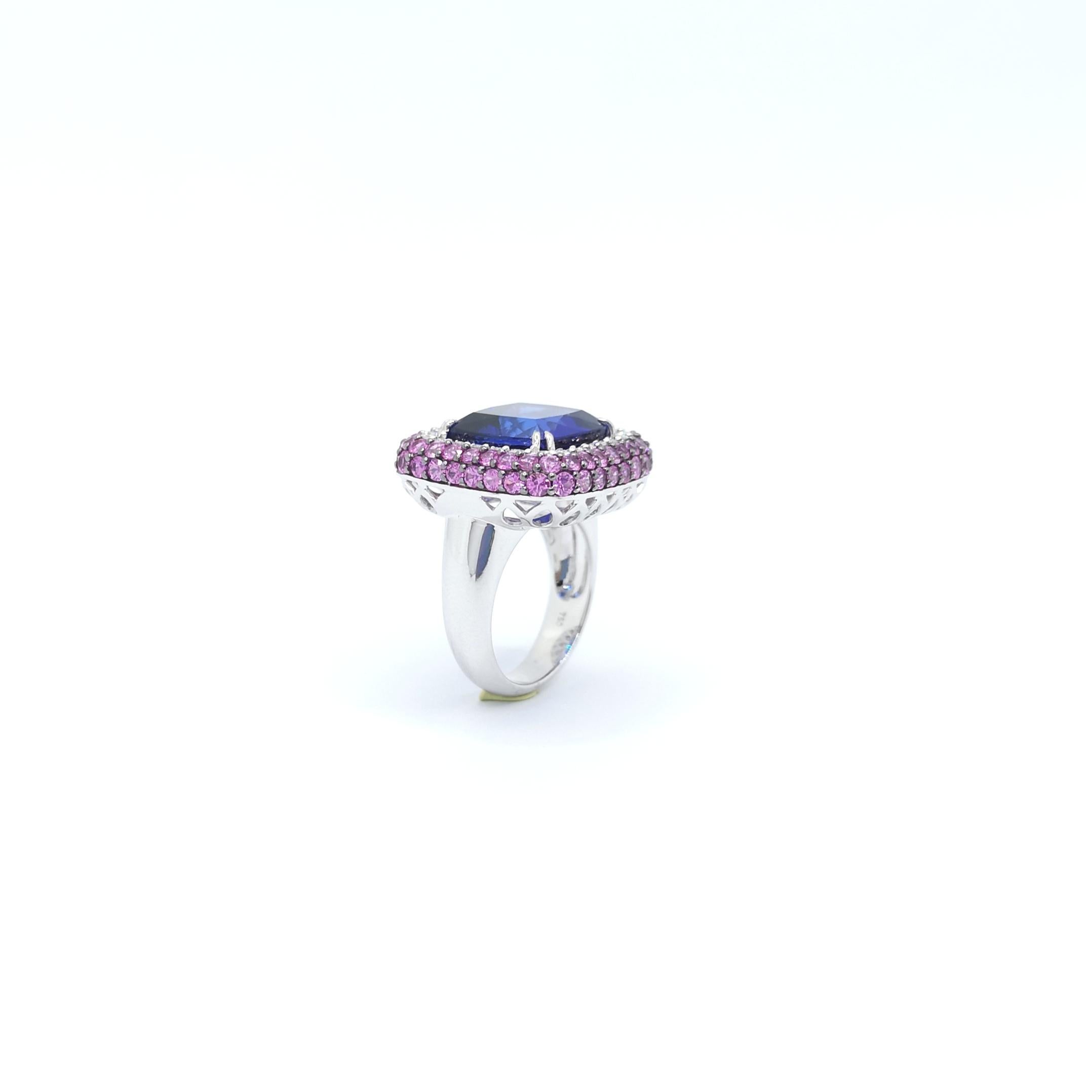 Tanzanite, Pink Sapphire and Diamond Ring set in 18K White Gold Settings For Sale 8