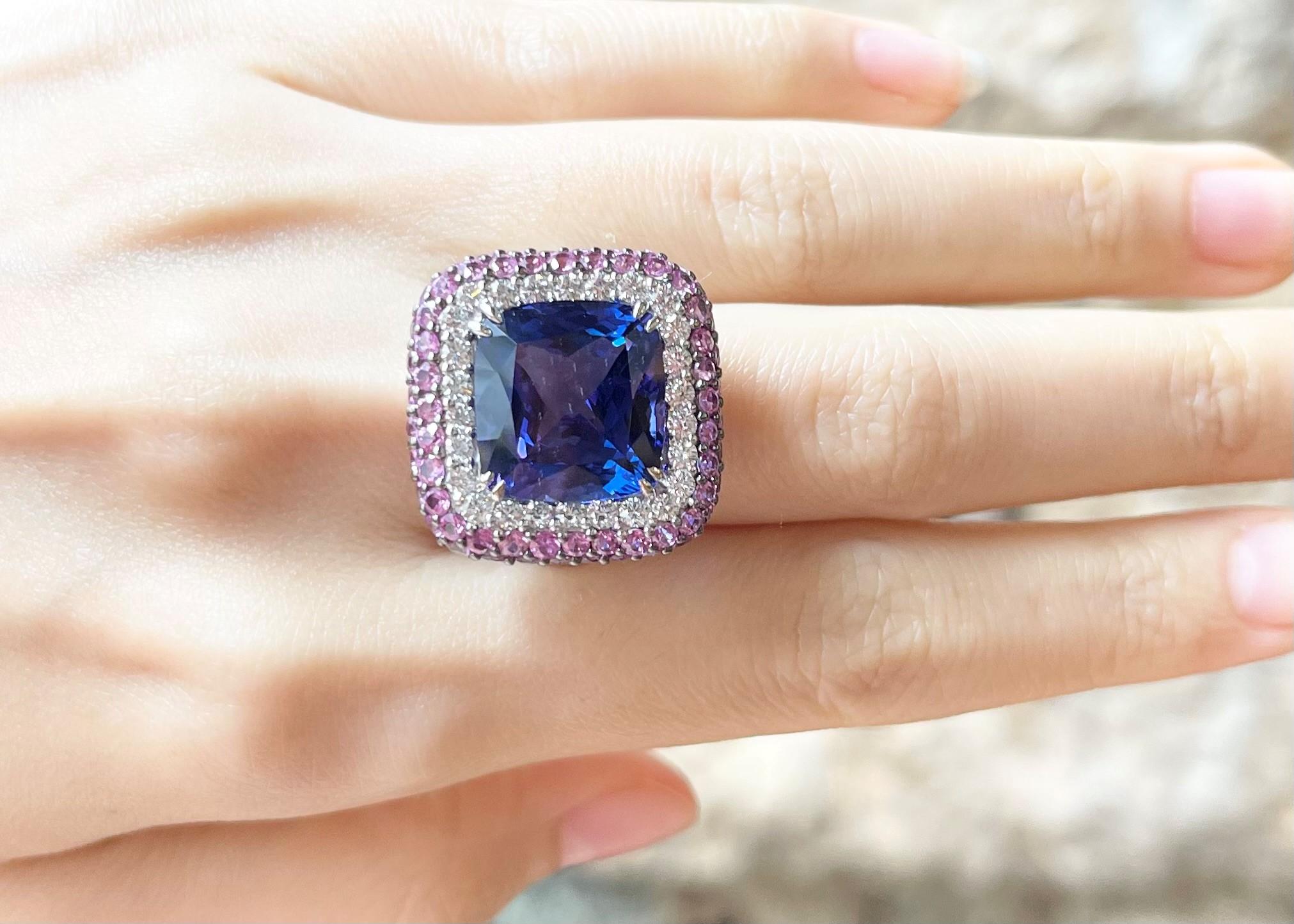 Tanzanite 14.02 carats, Pink Sapphire 3.19 carats and Diamond 0.95 carat Ring set in 18K White Gold Settings

Width:  2.2 cm 
Length: 2.2 cm
Ring Size: 56
Total Weight: 17.74 grams

