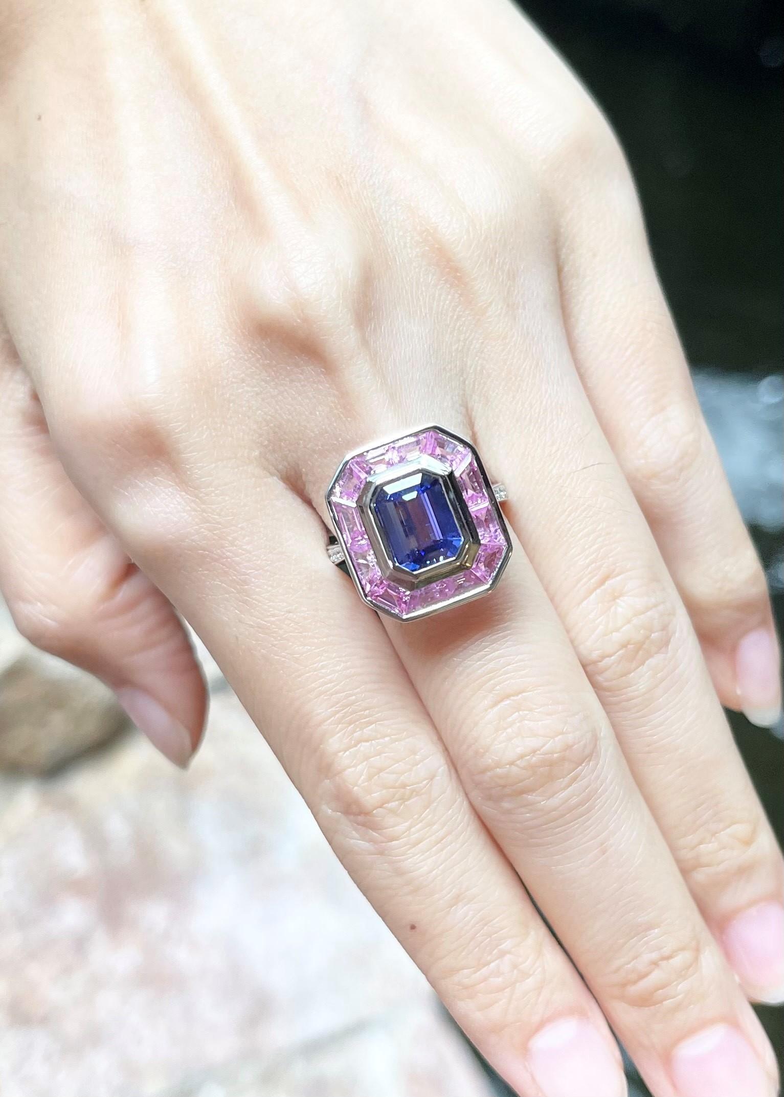 Emerald Cut Tanzanite, Pink Sapphire and Diamond Ring set in 18K White Gold Settings For Sale