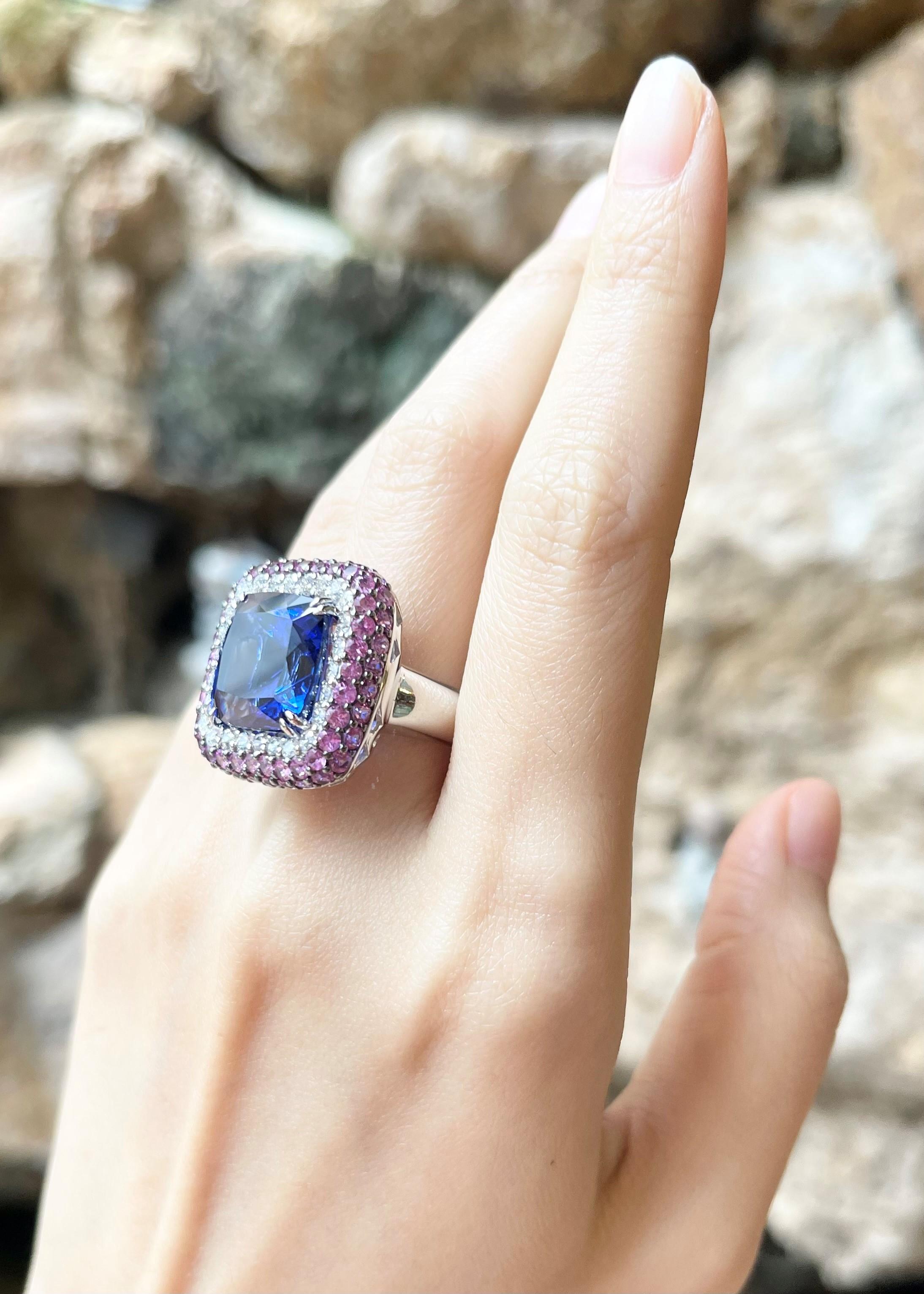 Princess Cut Tanzanite, Pink Sapphire and Diamond Ring set in 18K White Gold Settings For Sale