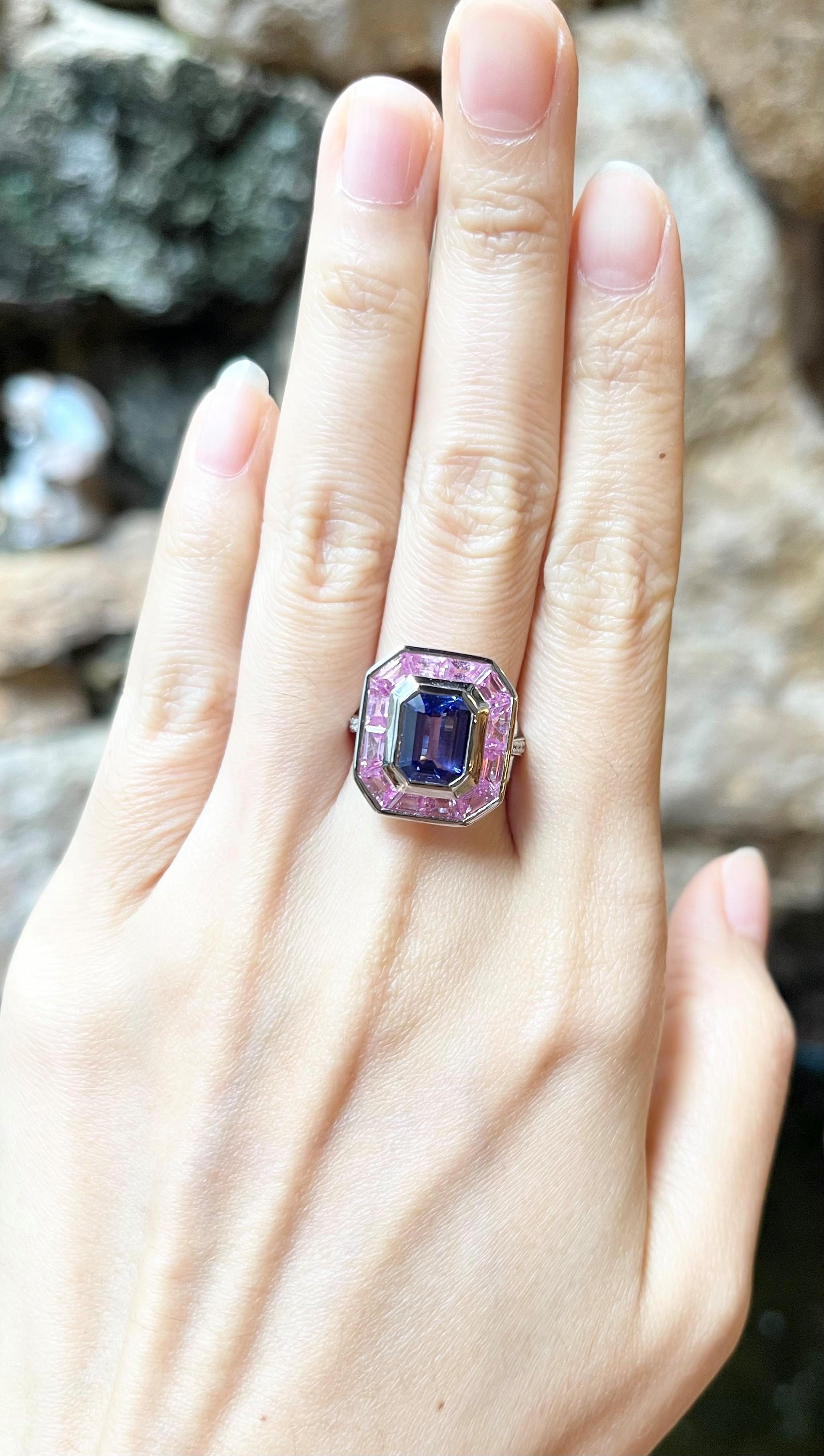 Women's Tanzanite, Pink Sapphire and Diamond Ring set in 18K White Gold Settings For Sale