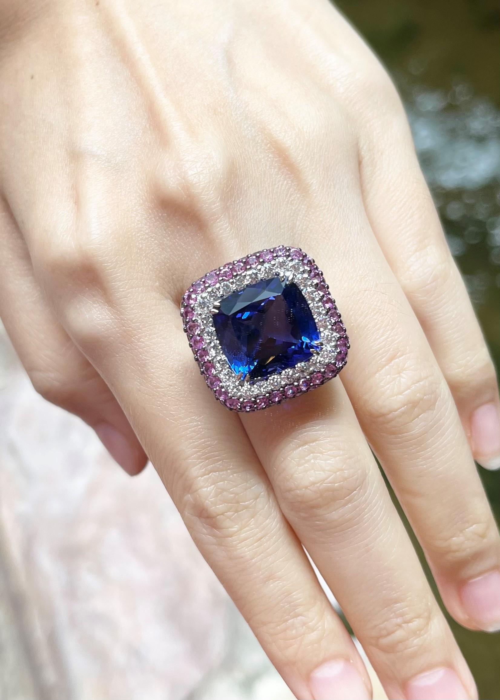 Women's Tanzanite, Pink Sapphire and Diamond Ring set in 18K White Gold Settings For Sale