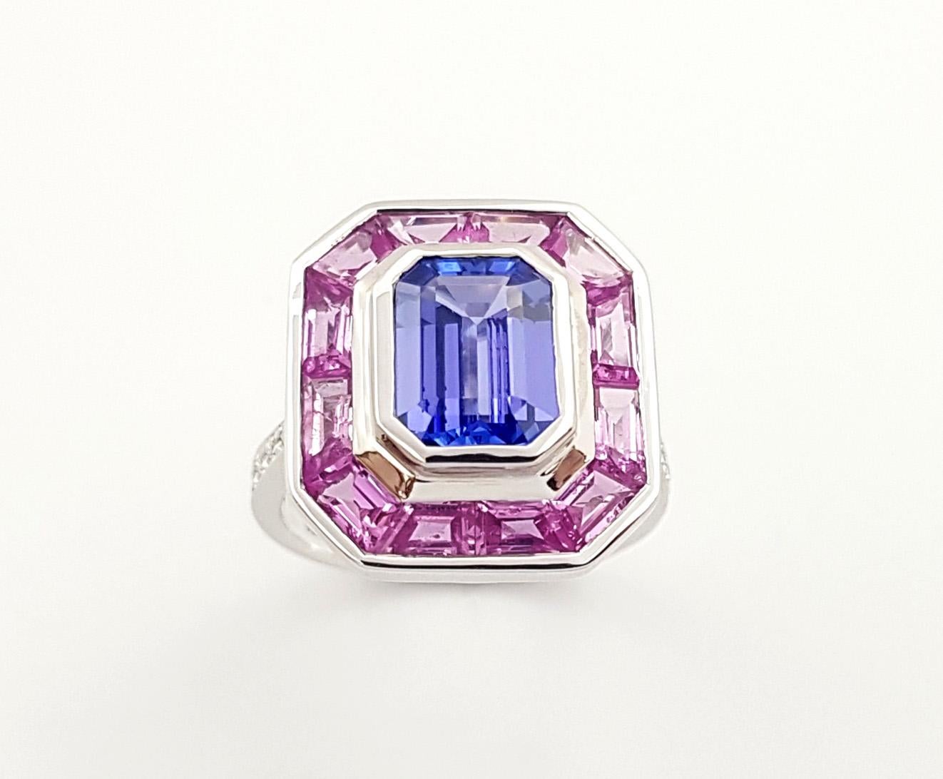 Tanzanite, Pink Sapphire and Diamond Ring set in 18K White Gold Settings For Sale 2