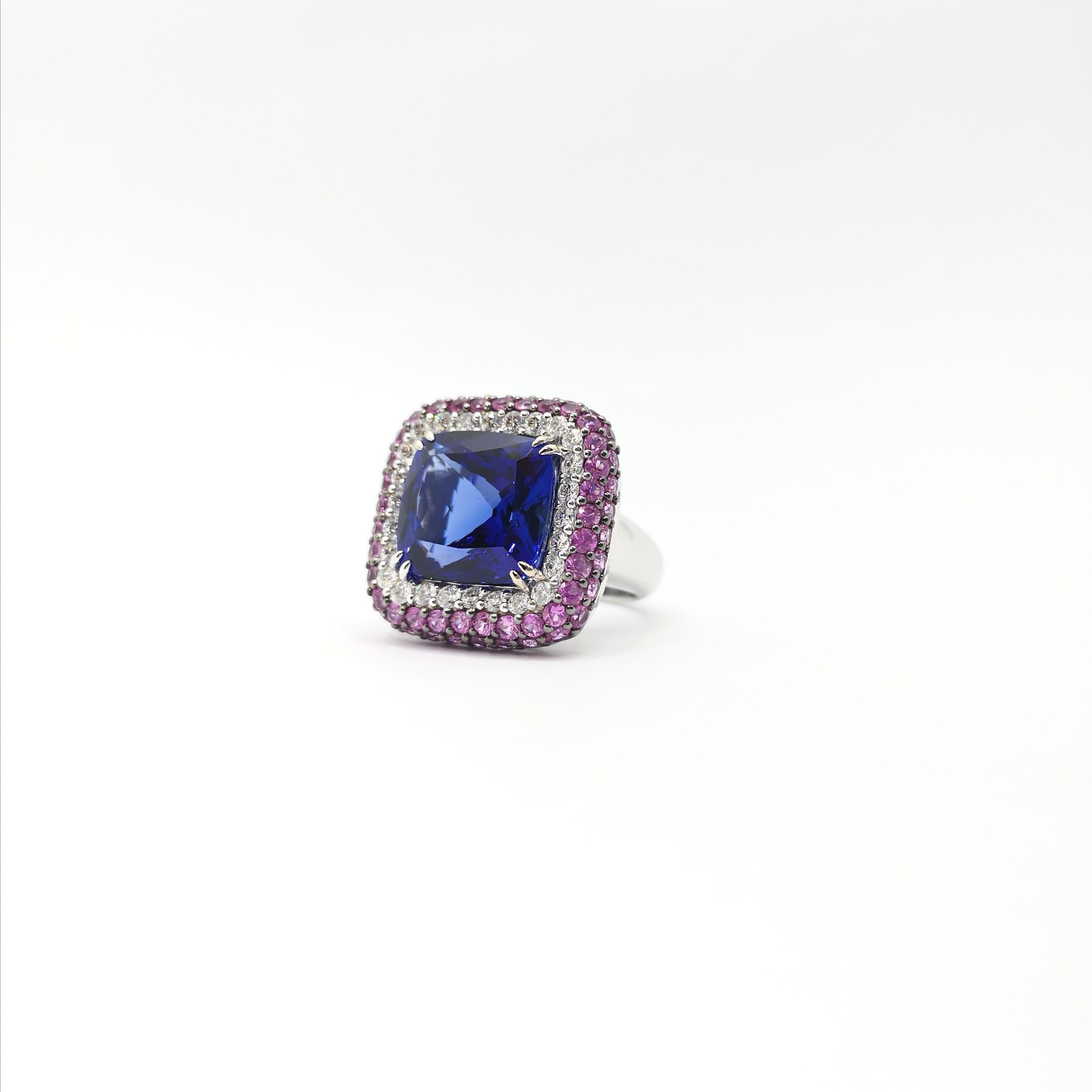 Tanzanite, Pink Sapphire and Diamond Ring set in 18K White Gold Settings For Sale 2
