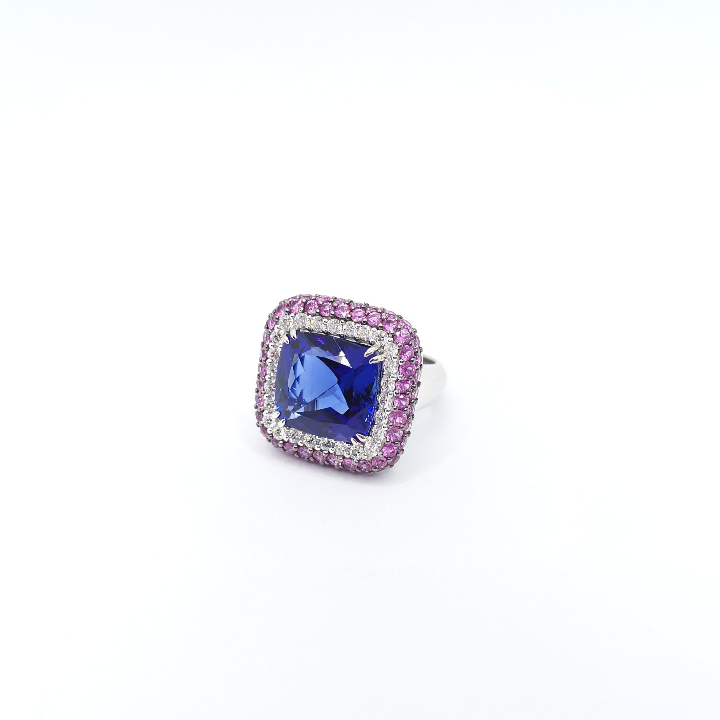 Tanzanite, Pink Sapphire and Diamond Ring set in 18K White Gold Settings For Sale 3