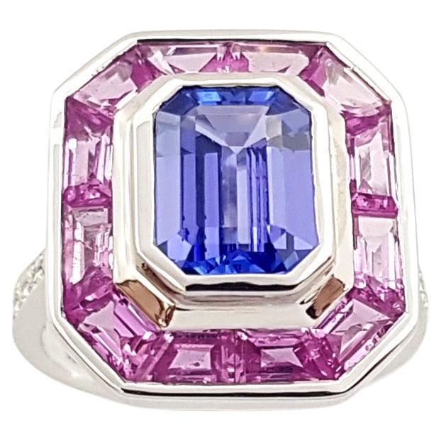 Bague en tanzanite, saphir rose et diamants sertie en or blanc 18 carats