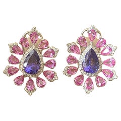 Tanzanite, Pink Sapphire and Diamond Studs Set in 18 Karat Gold with Diamonds