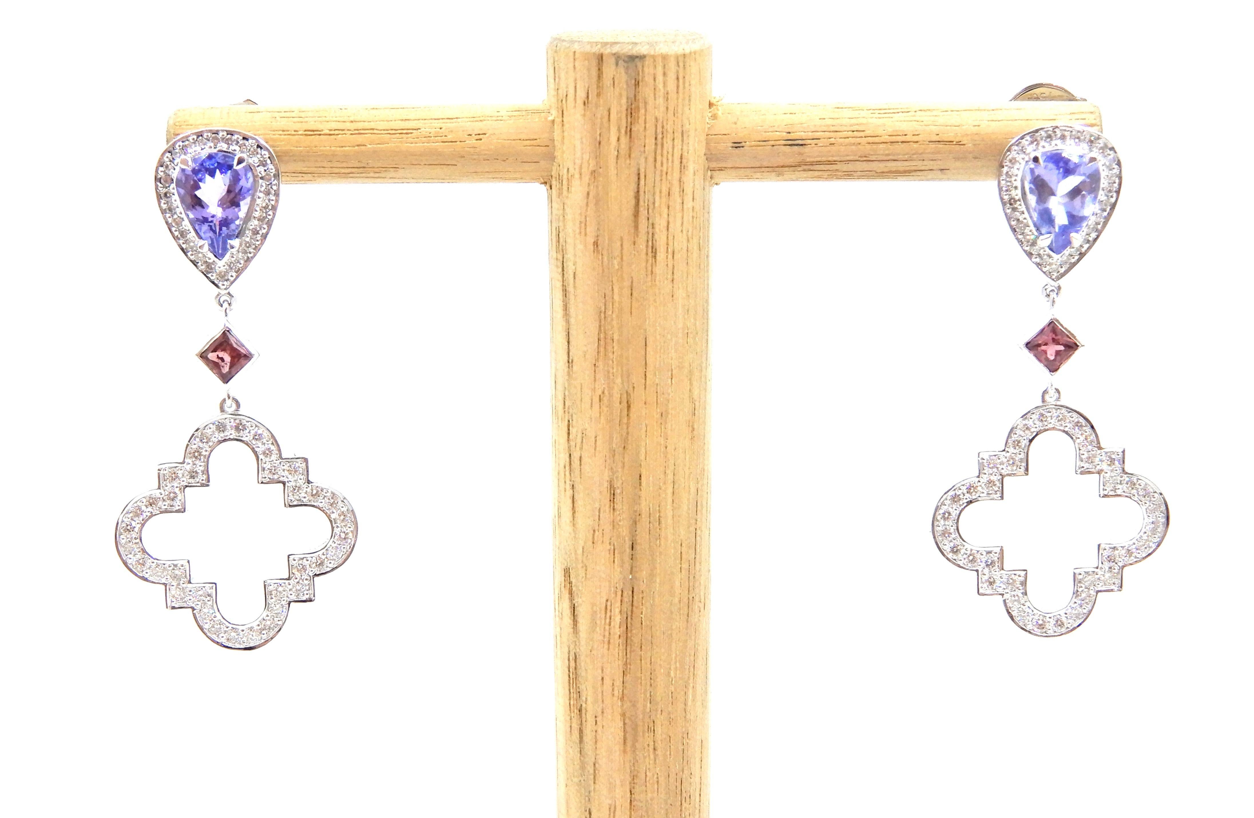 Tanzanite Pink Sapphire Diamond and 18 Carat White Gold Earrings For Sale 6