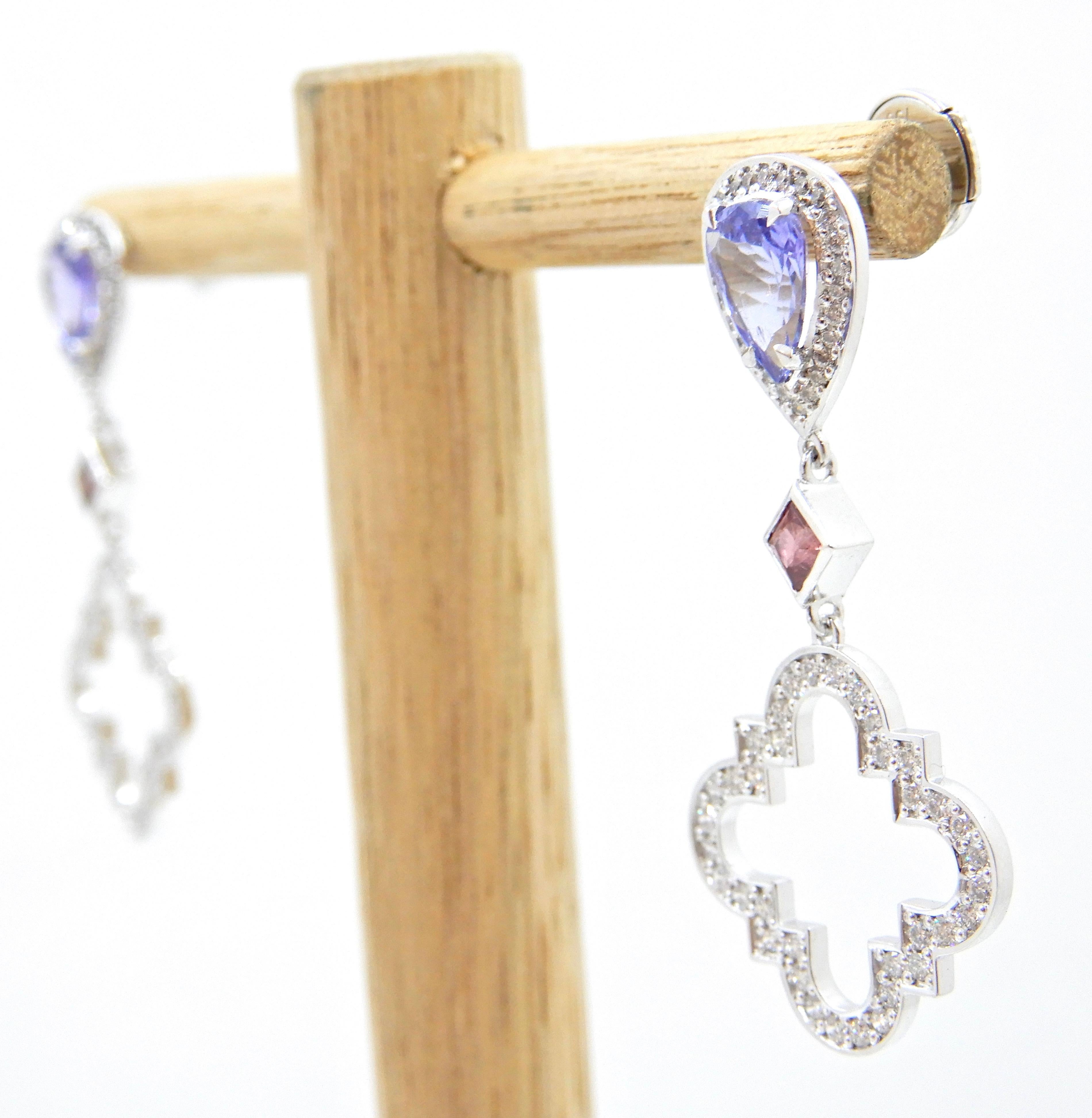 Tanzanite Pink Sapphire Diamond and 18 Carat White Gold Earrings For Sale 12