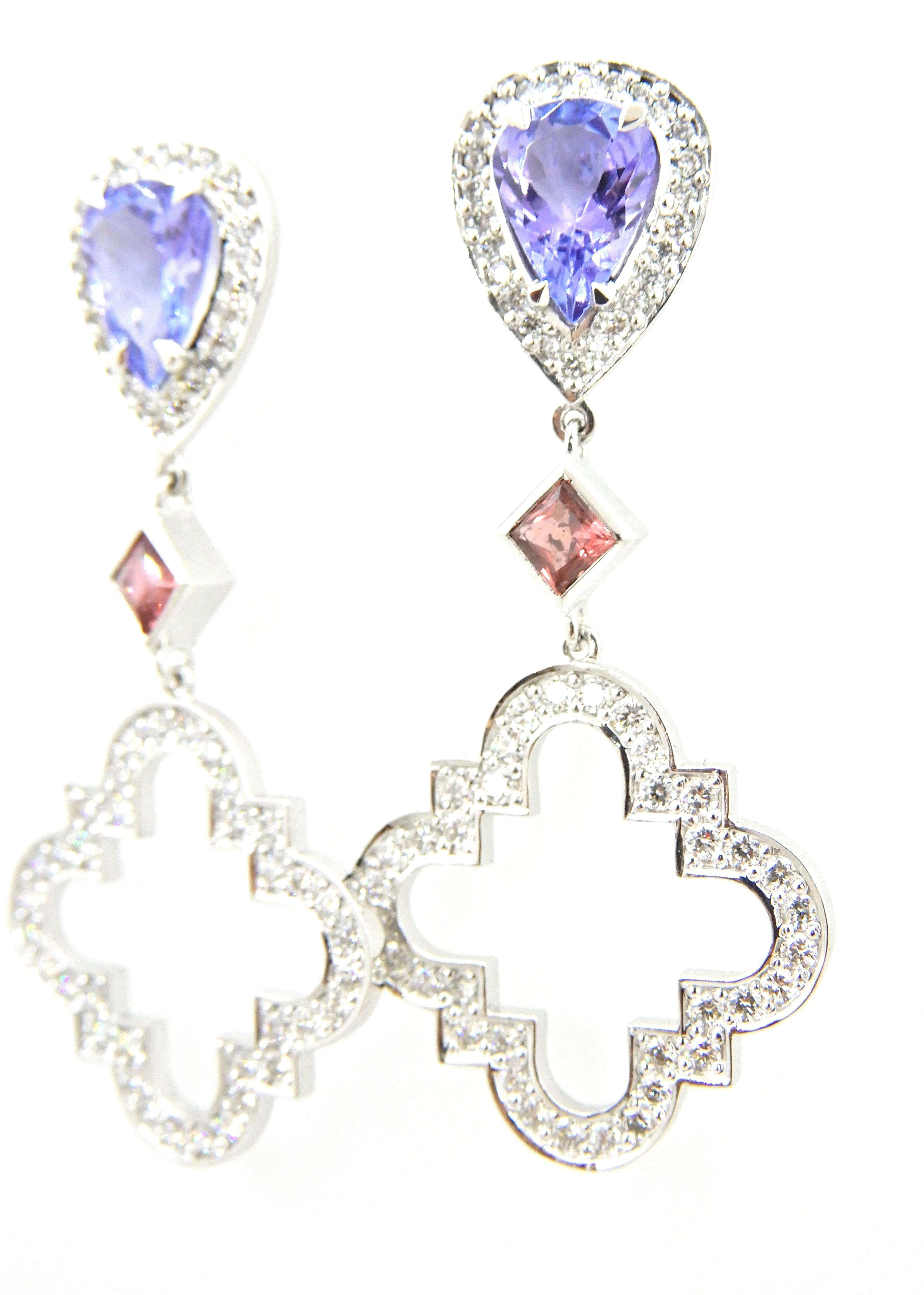 Tanzanite Pink Sapphire Diamond and 18 Carat White Gold Earrings For Sale 13