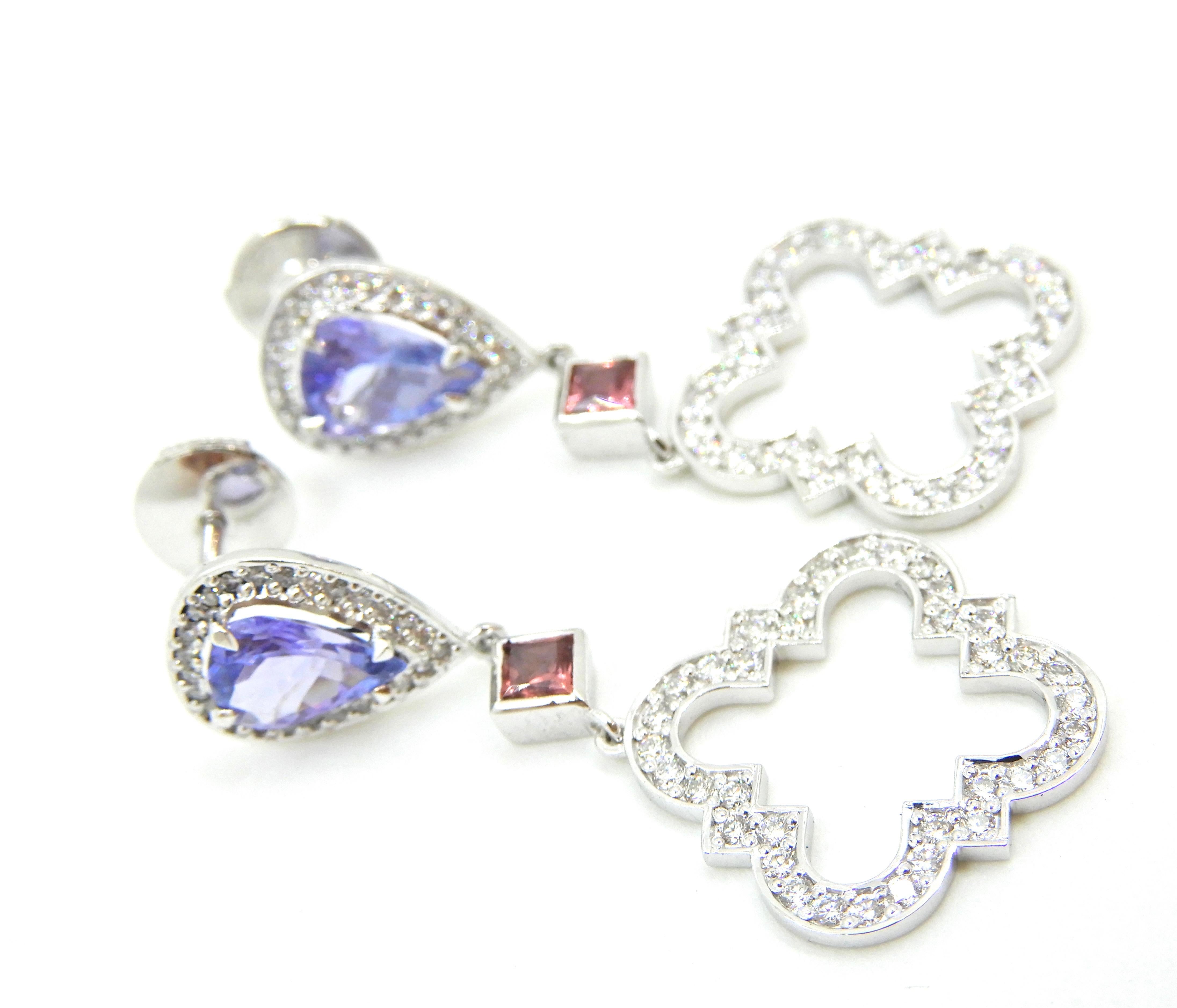Tanzanite Pink Sapphire Diamond and 18 Carat White Gold Earrings In New Condition For Sale In Brisbane, QLD