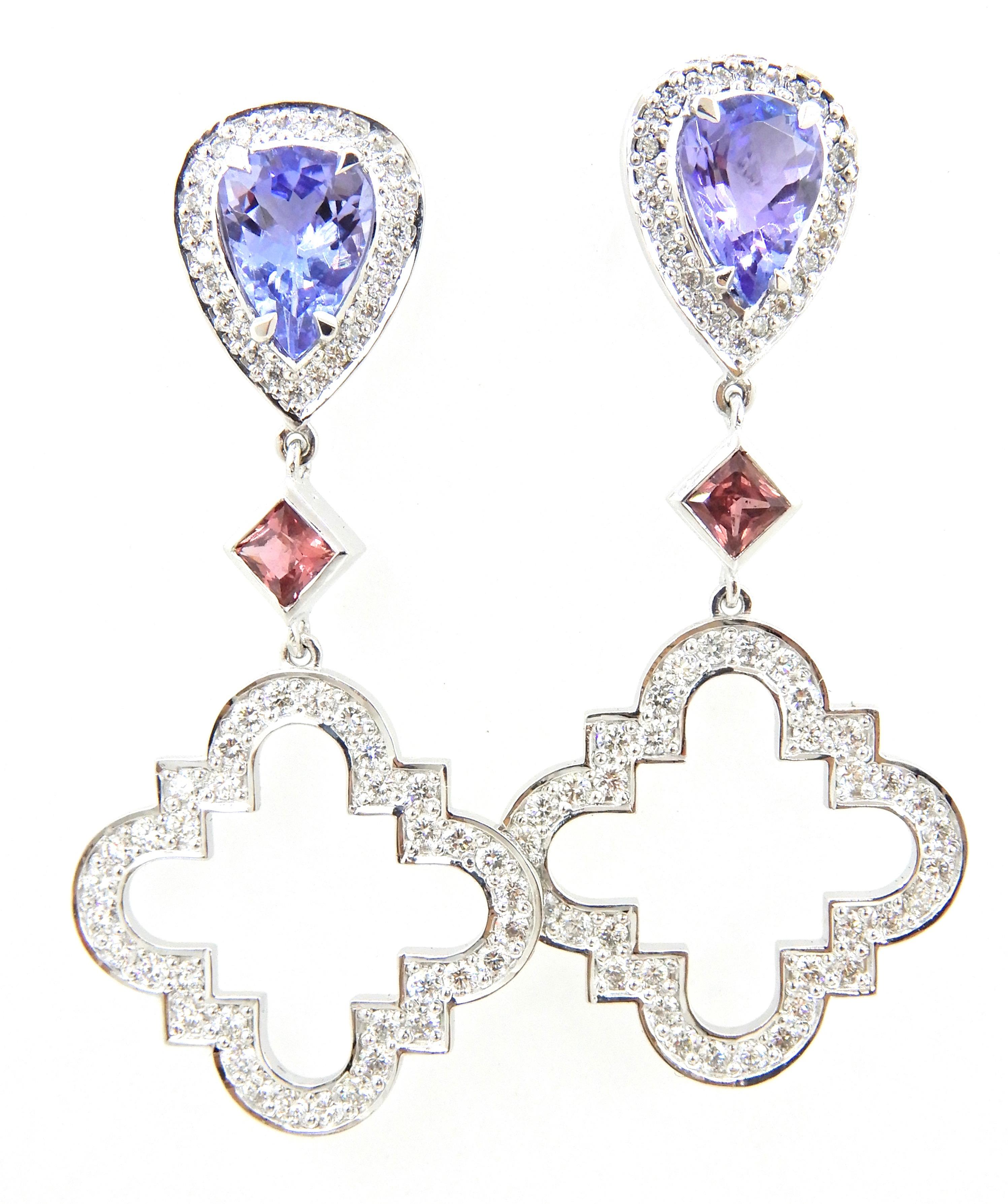 Pear Cut Tanzanite Pink Sapphire Diamond and 18 Carat White Gold Earrings For Sale
