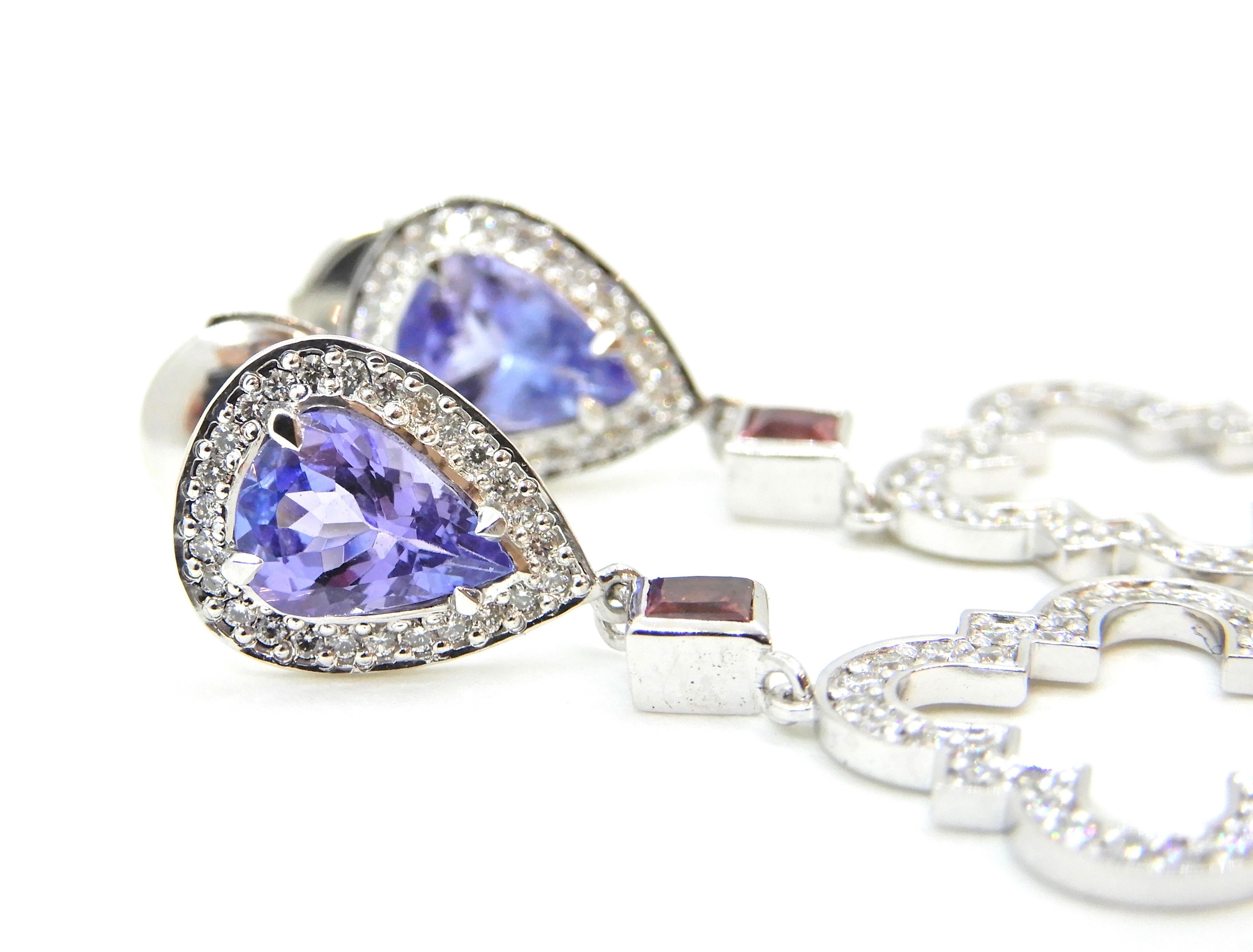 Women's Tanzanite Pink Sapphire Diamond and 18 Carat White Gold Earrings For Sale