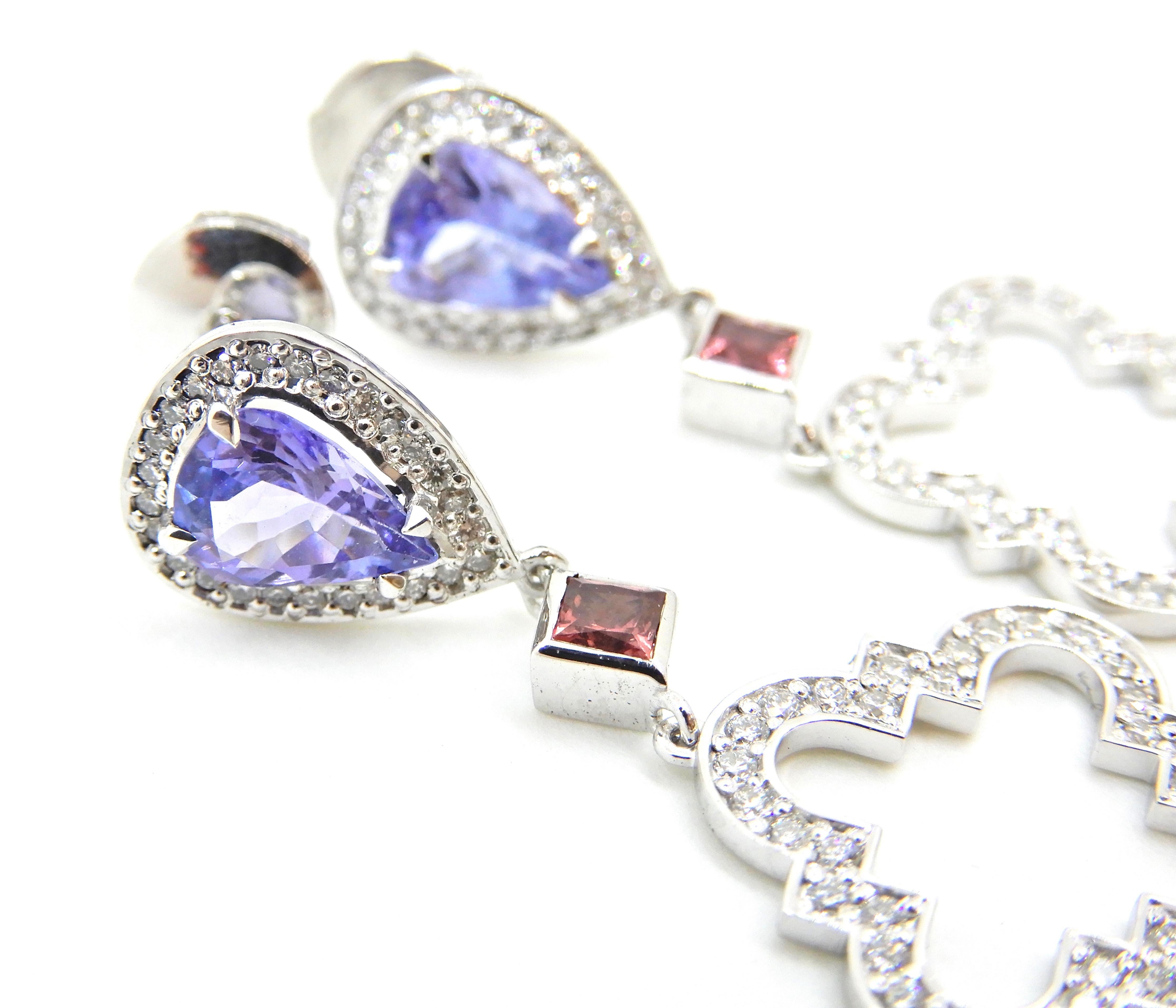 Tanzanite Pink Sapphire Diamond and 18 Carat White Gold Earrings For Sale 3