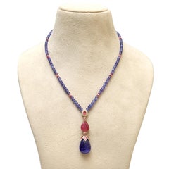Tanzanite & Pink Tourmaline Beaded Necklace with Diamond Pendant in 14K Gold