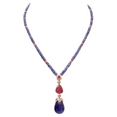 Tanzanite & Pink Tourmaline Beaded Necklace with Diamond Pendant in 14K Gold