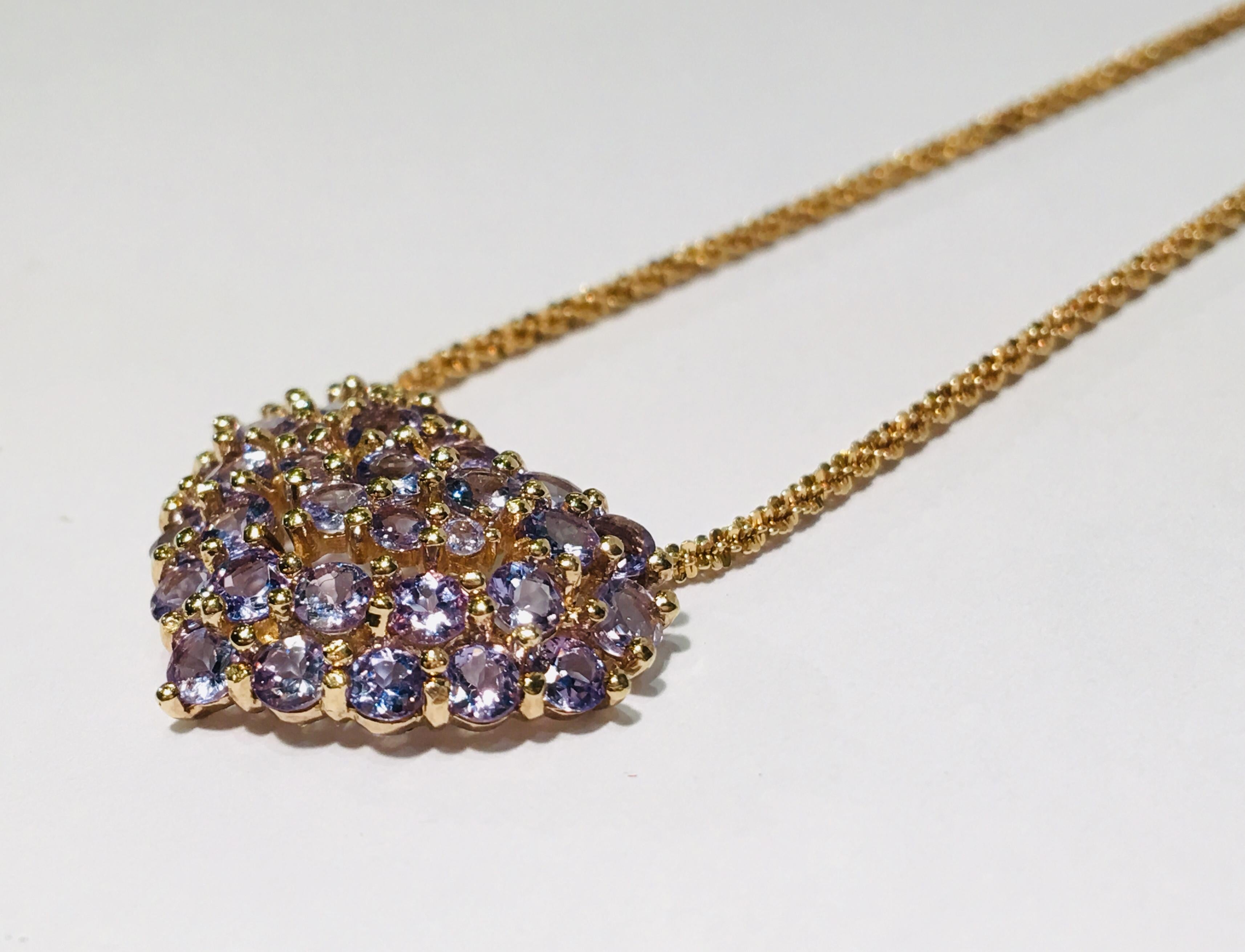 Tanzanite Puffy Heart Pendant with Hidden Bale 14 Karat Yellow Gold with Chain In Excellent Condition In Tustin, CA