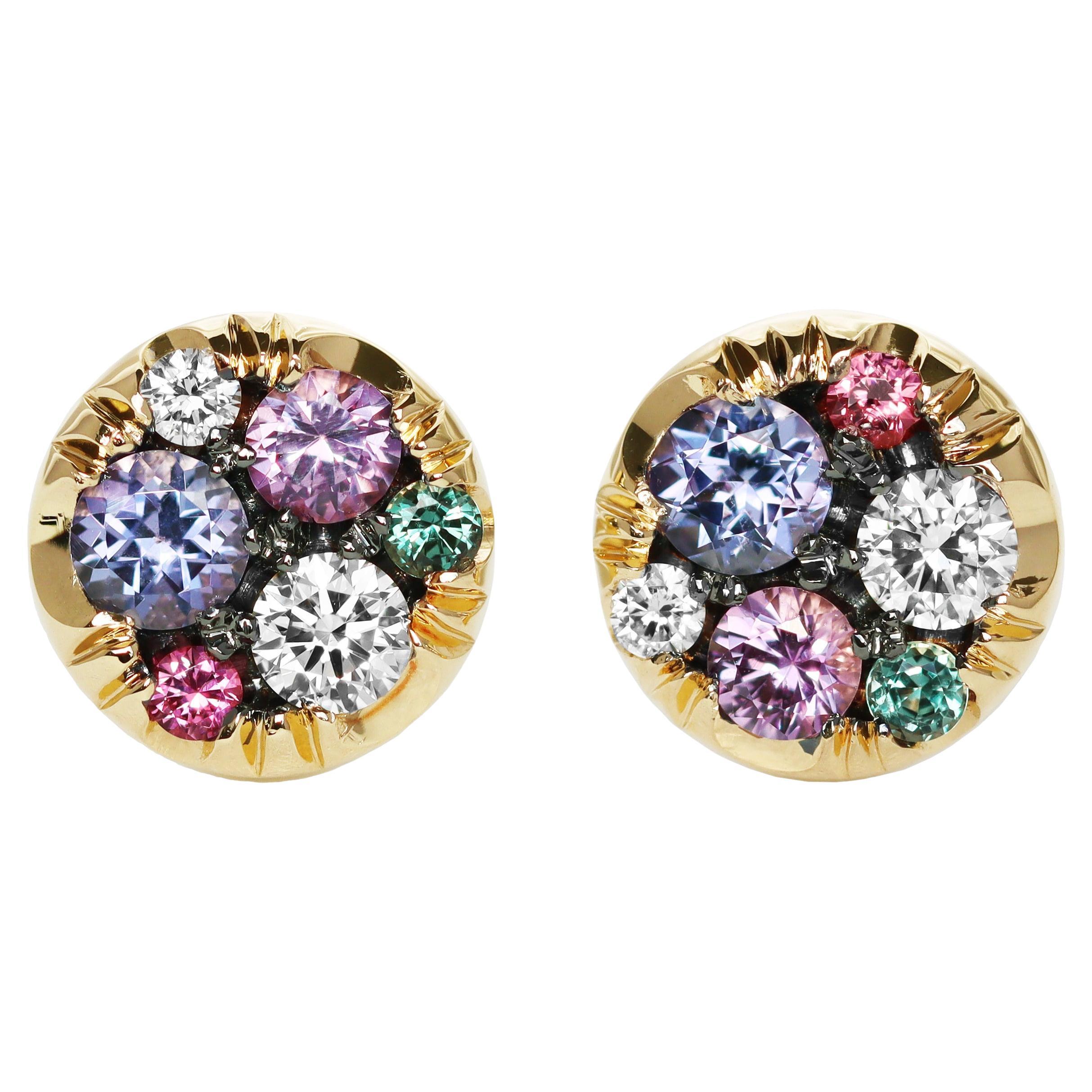 Tanzanite Purple Sapphire Alexandrite Pink Spinel Diamond Stud Earrings
