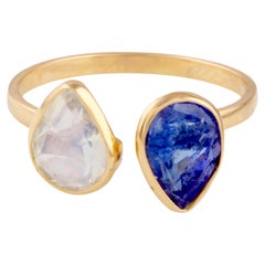 Tanzanite & Rainbow Moonstone Pear shape Ring In 18K Yellow Gold