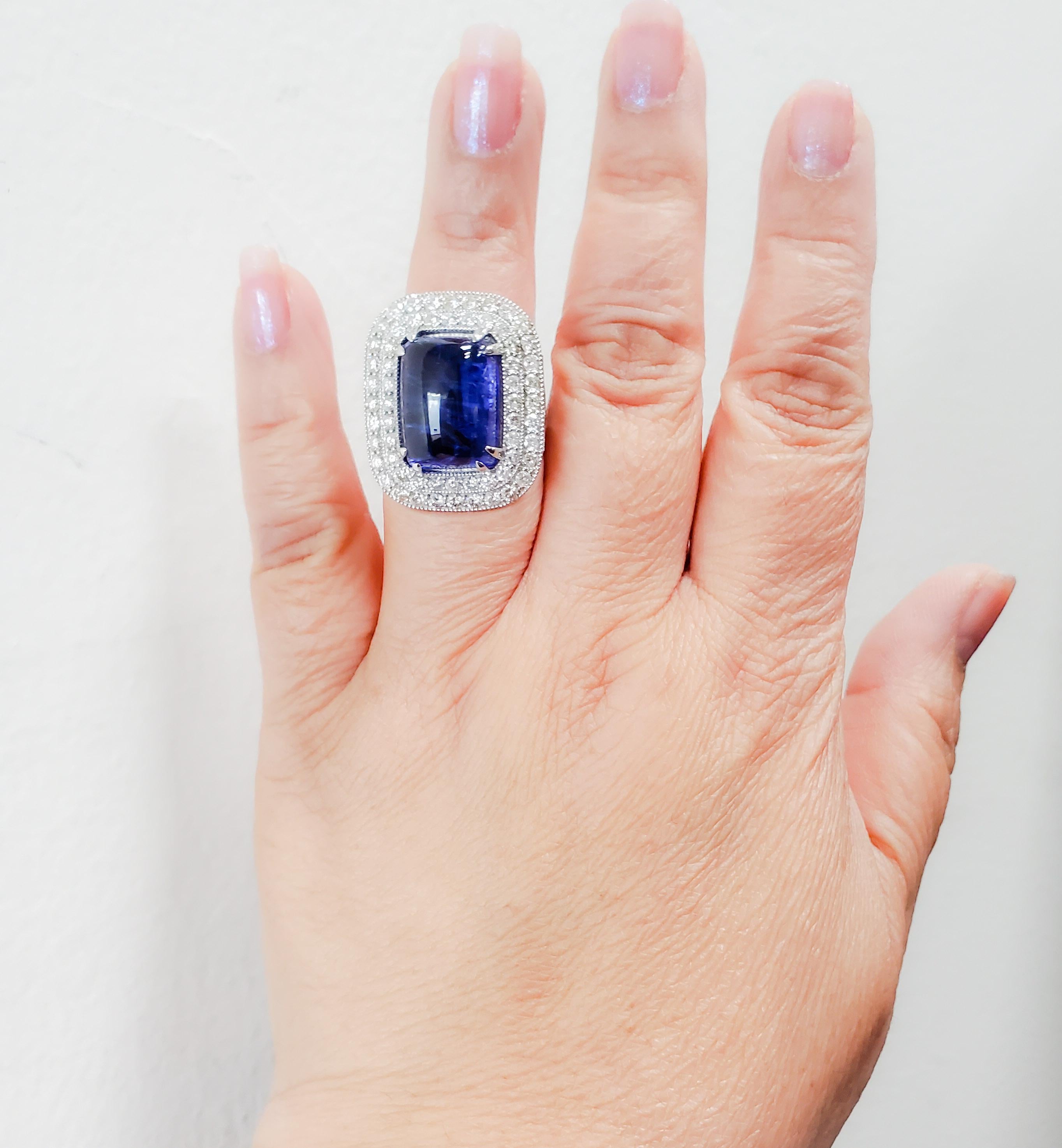 Tanzanite Rectangular Cabochon and White Diamond Cocktail Ring in 18k White Gold In New Condition For Sale In Los Angeles, CA