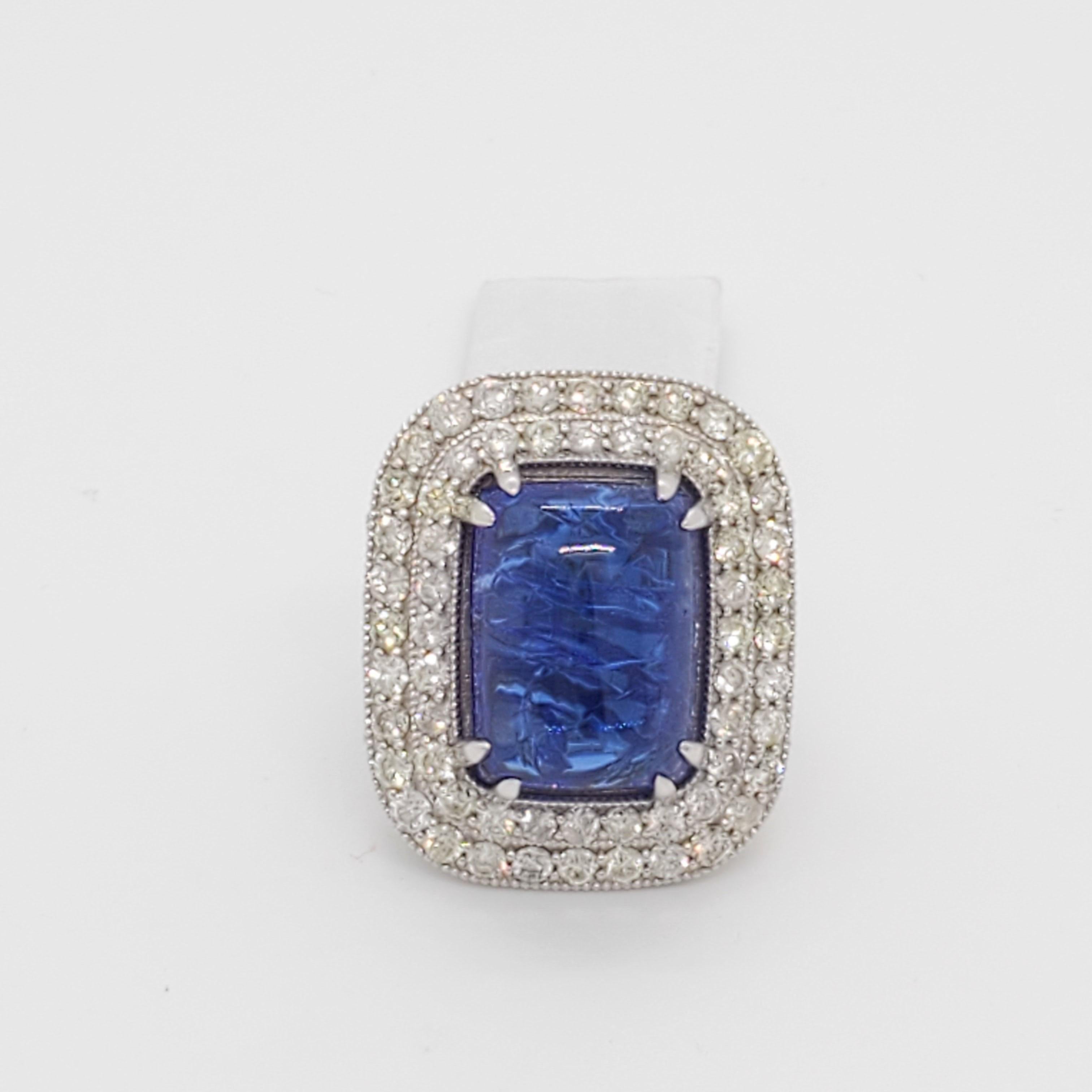 Tanzanite Rectangular Cabochon and White Diamond Cocktail Ring in 18k White Gold For Sale 1