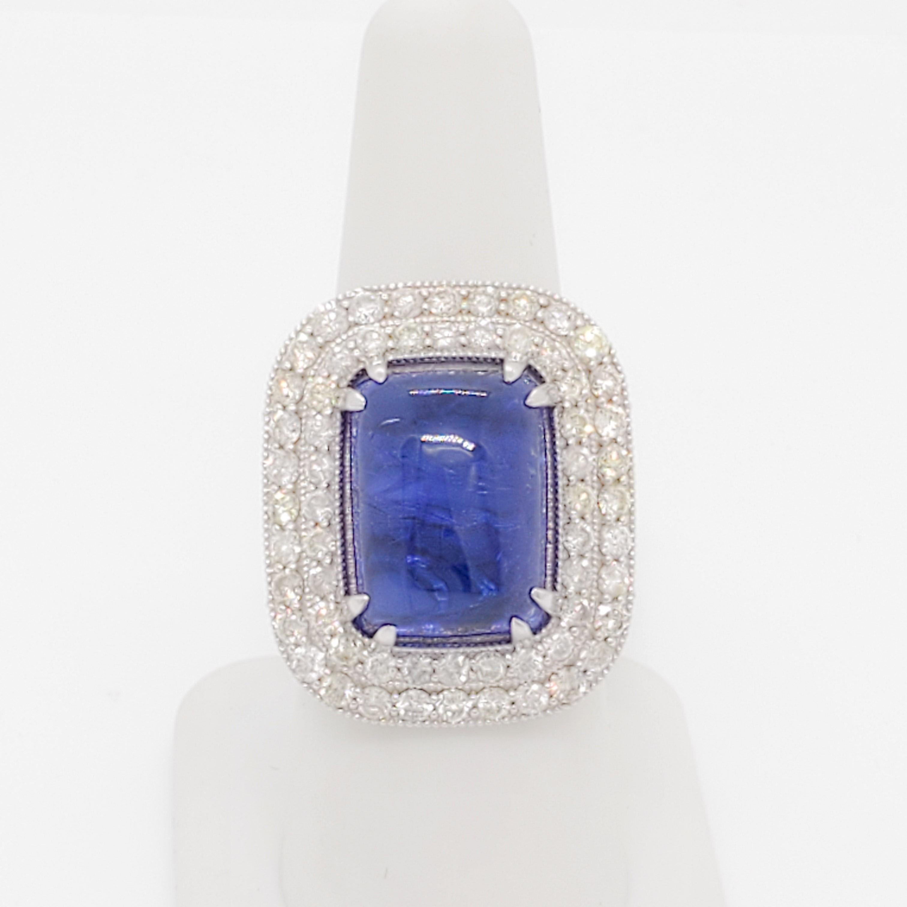 Tanzanite Rectangular Cabochon and White Diamond Cocktail Ring in 18k White Gold For Sale 2