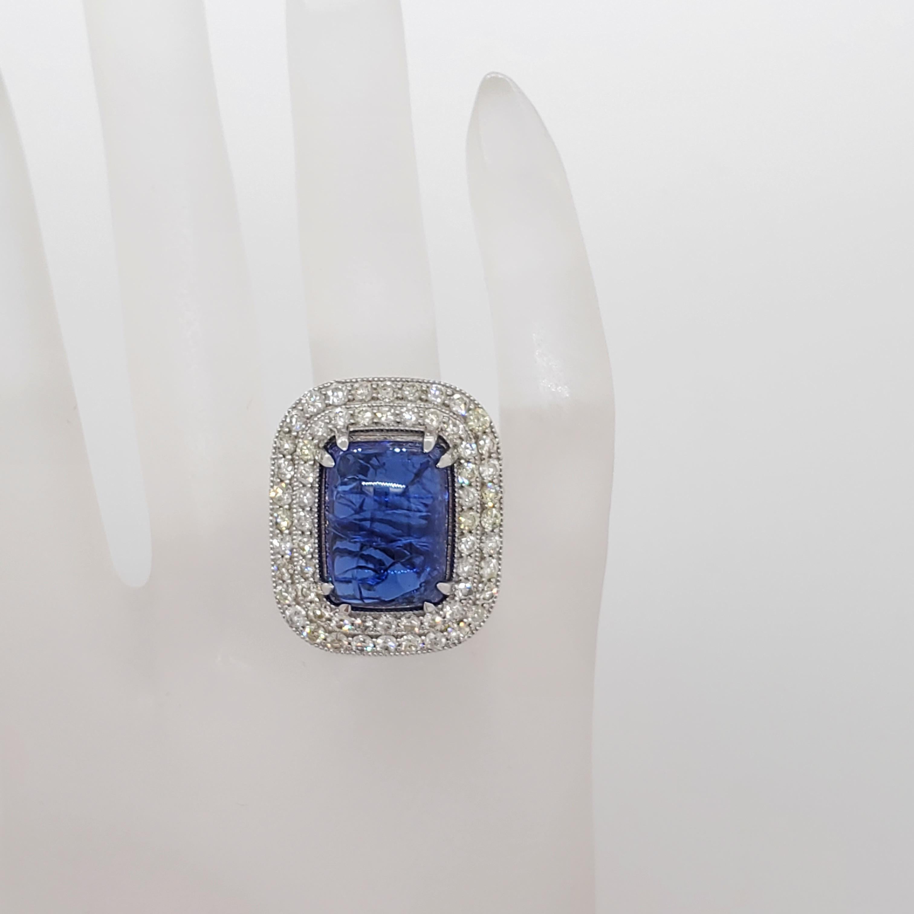 Tanzanite Rectangular Cabochon and White Diamond Cocktail Ring in 18k White Gold For Sale 3