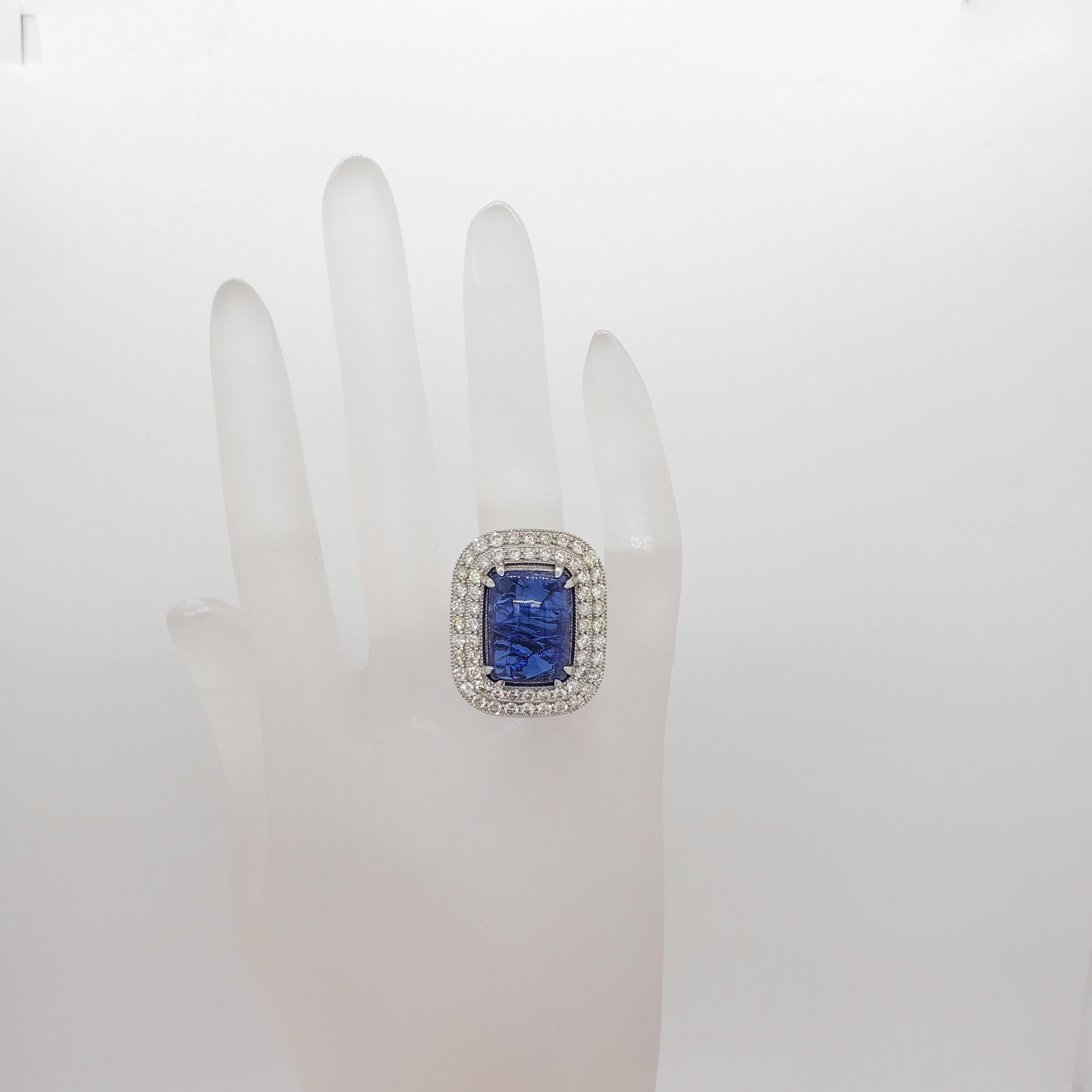 Tanzanite Rectangular Cabochon and White Diamond Cocktail Ring in 18k White Gold For Sale 4